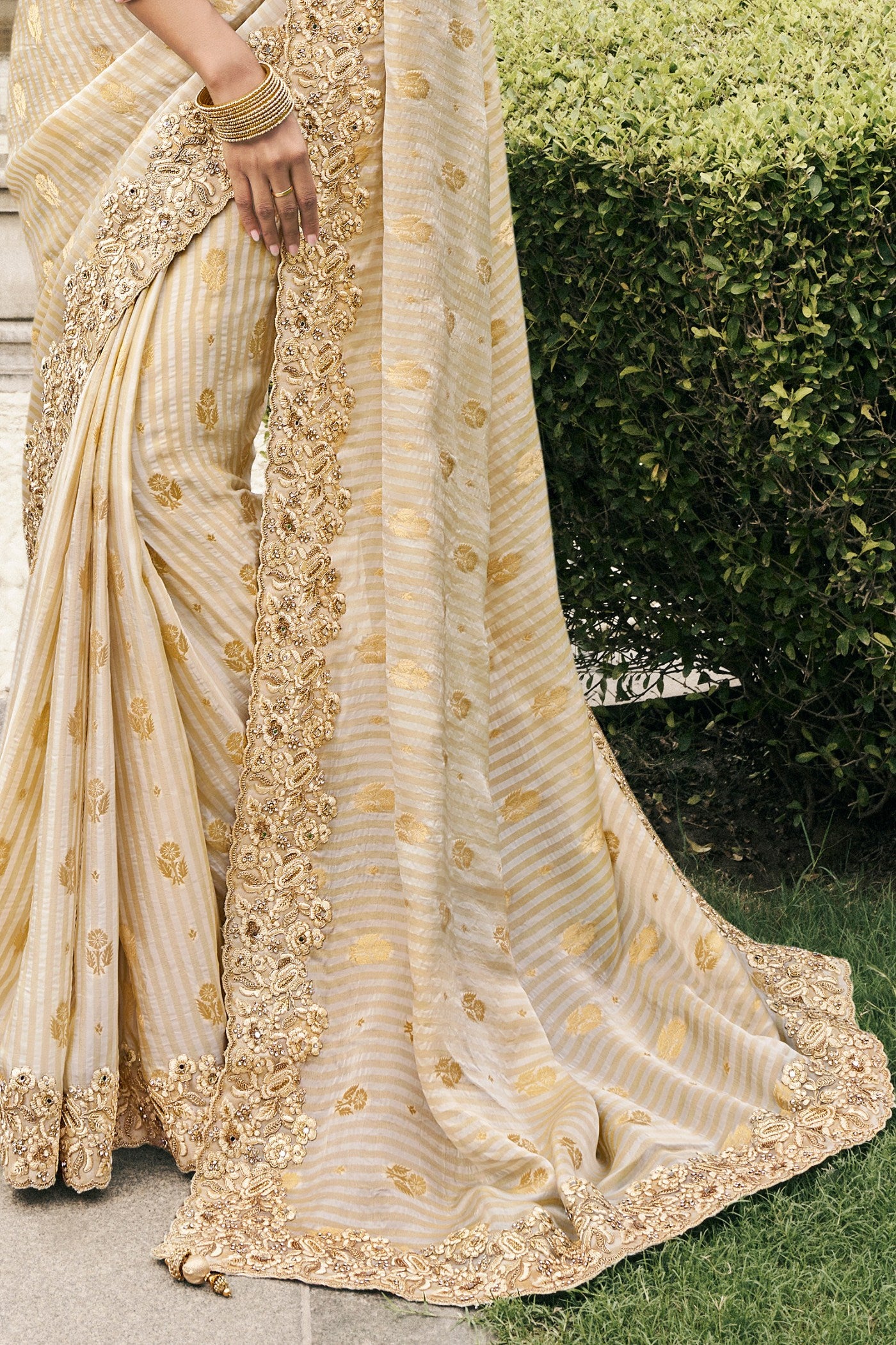 Buy MySilkLove Cameo Cream Banarasi Designer Embroidered Saree Online