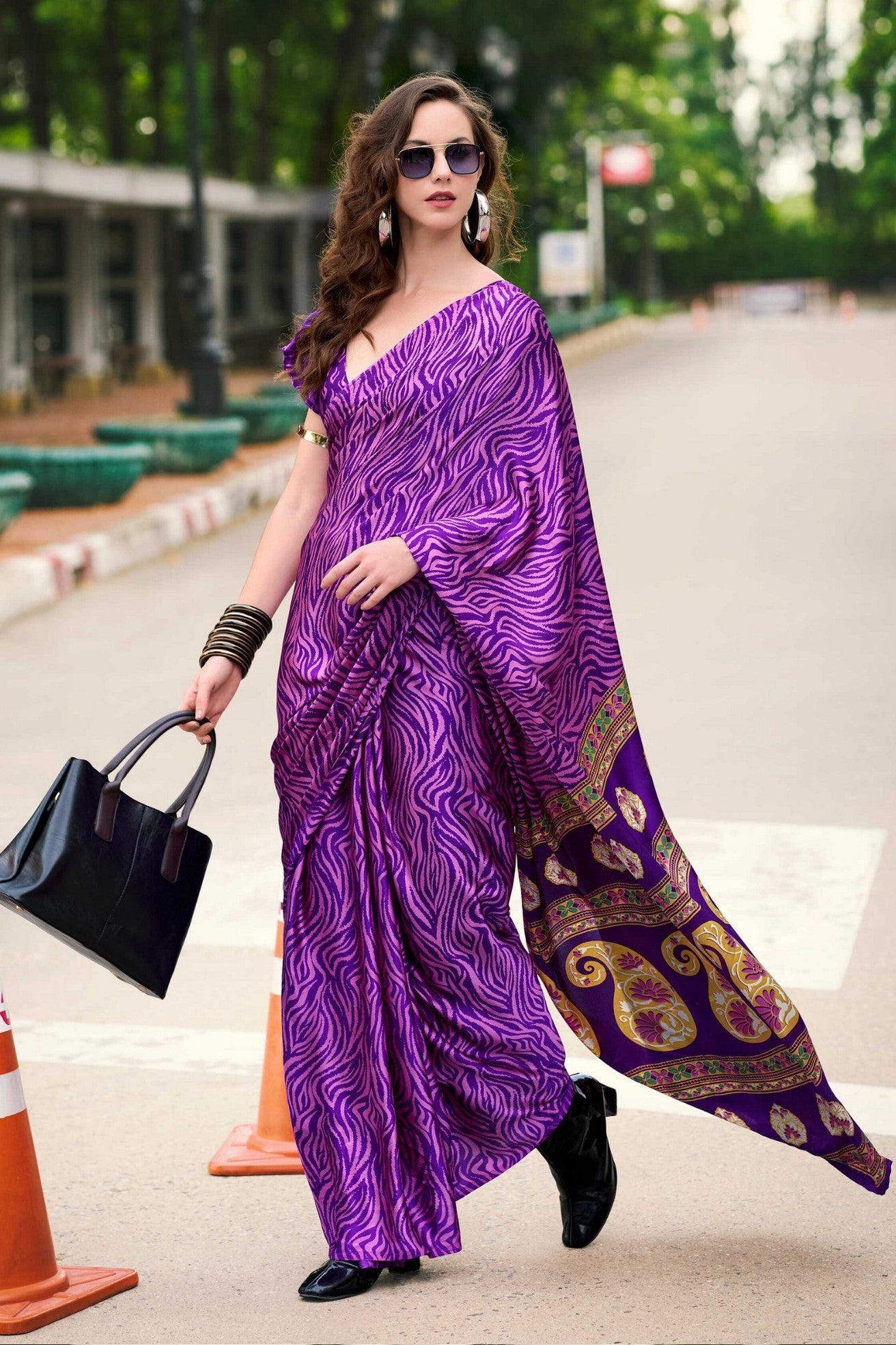 Buy MySilkLove Violet Purple Printed Satin Crepe Saree Online