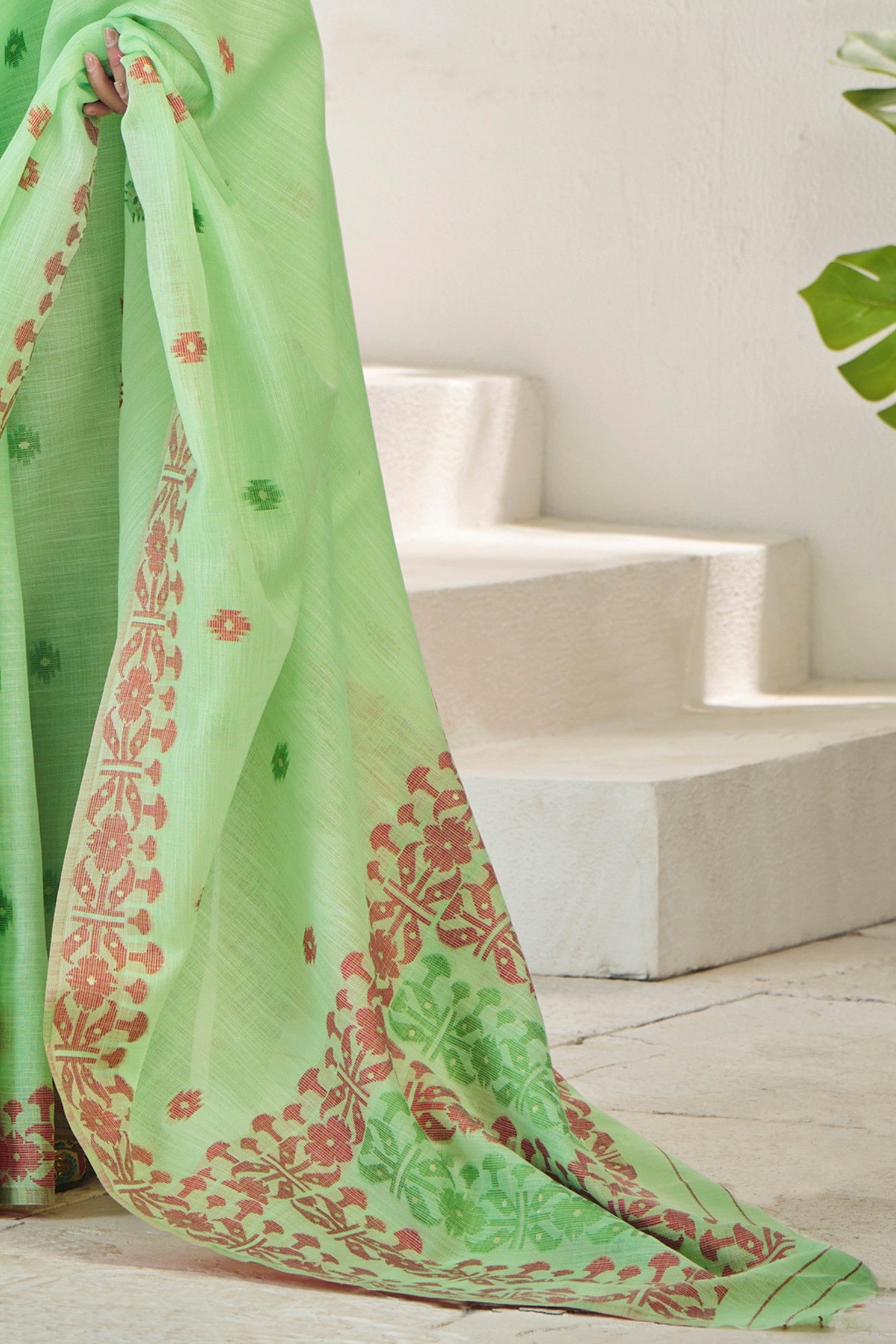 Buy MySilkLove Feijoa Green Woven Linen Saree Online