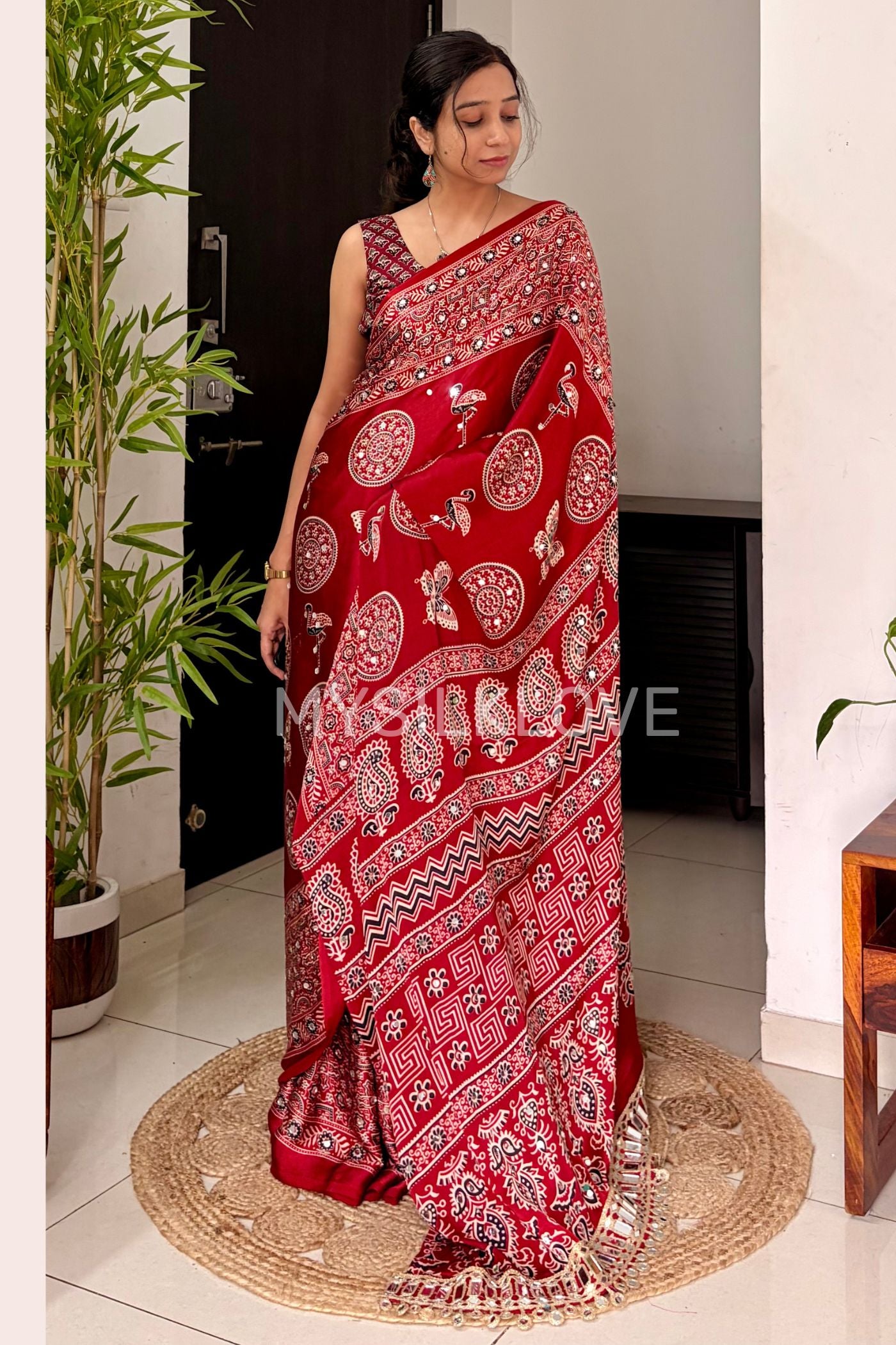 MySilkLove Chili Red Ajrakh Satin Printed Mirror Work Saree