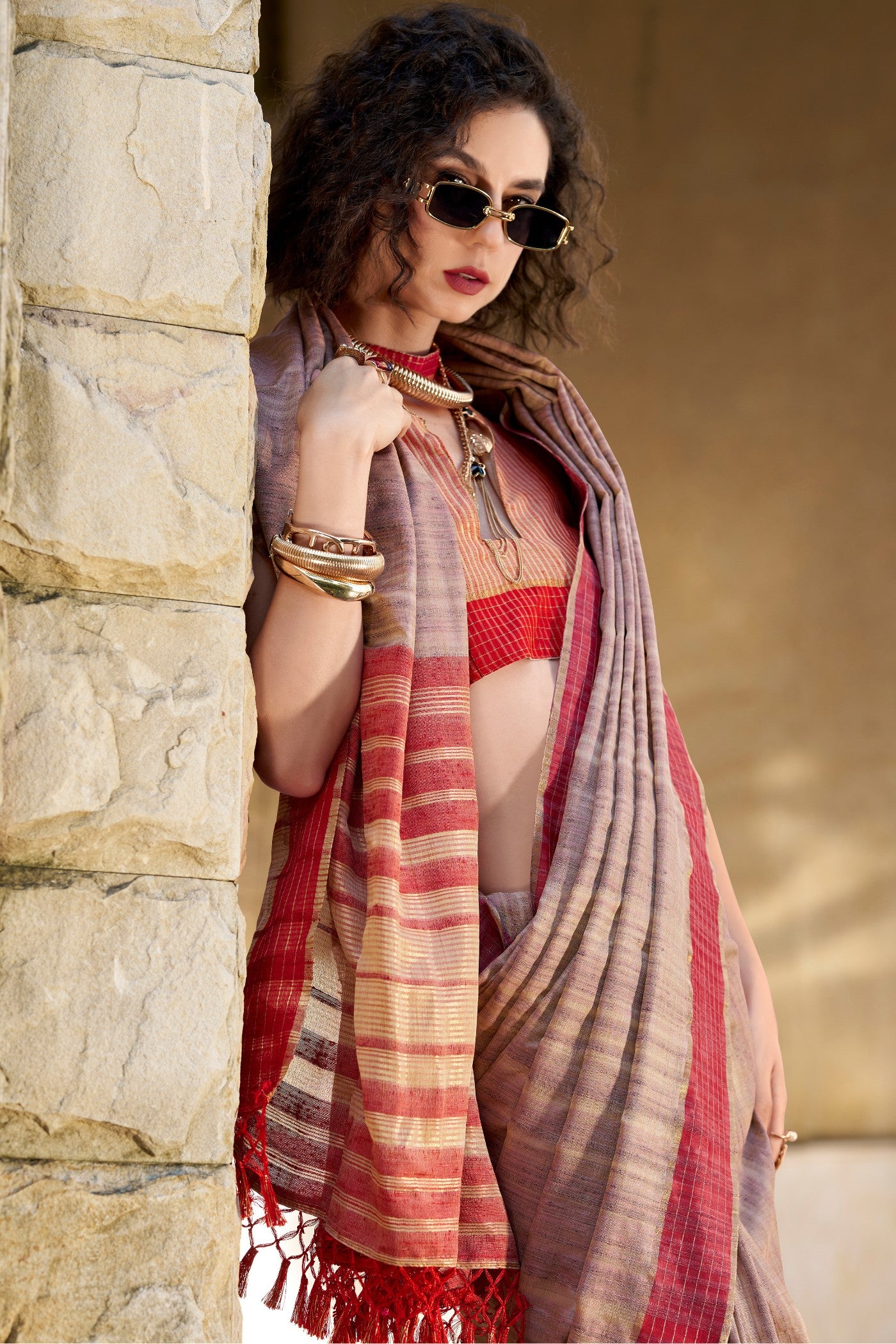 Buy MySilkLove Antique Brass Brown Handloom Katan Saree Online