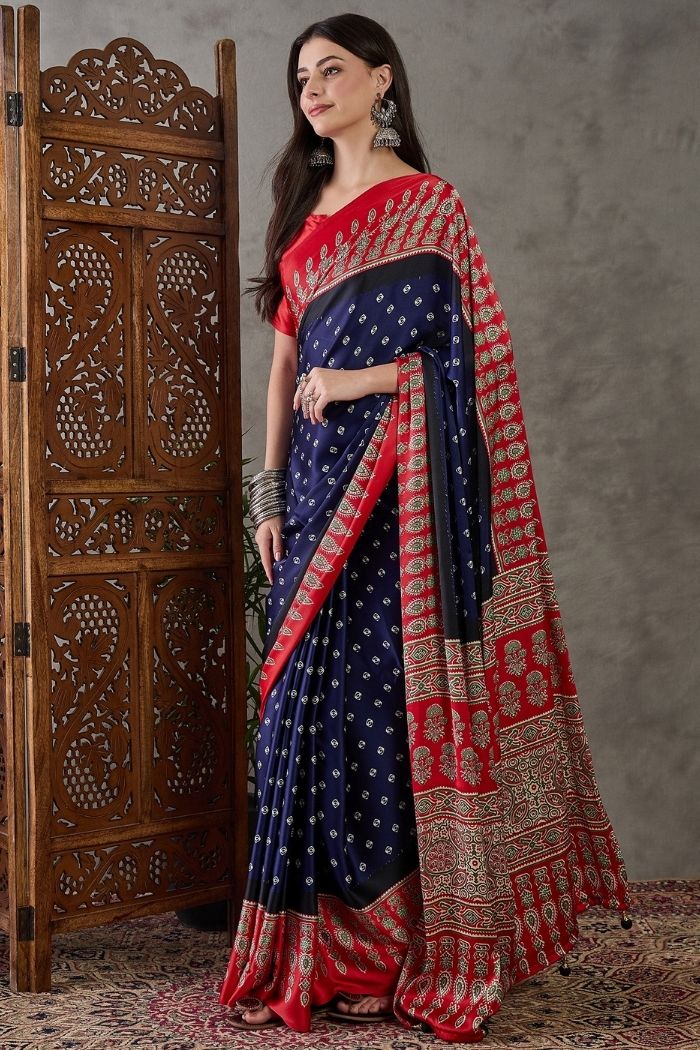 Buy MySilkLove Bismark Blue and Red Ajrakh Printed Satin Gaji Silk Saree Online