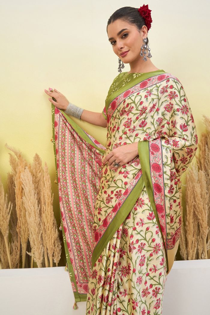 Buy MySilkLove Warm Cream Modal Satin Printed Silk Saree Online