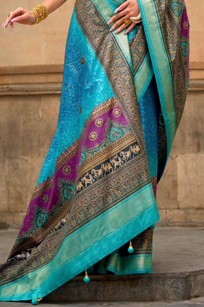 Buy MySilkLove Eastern Blue Printed Patola Saree Online