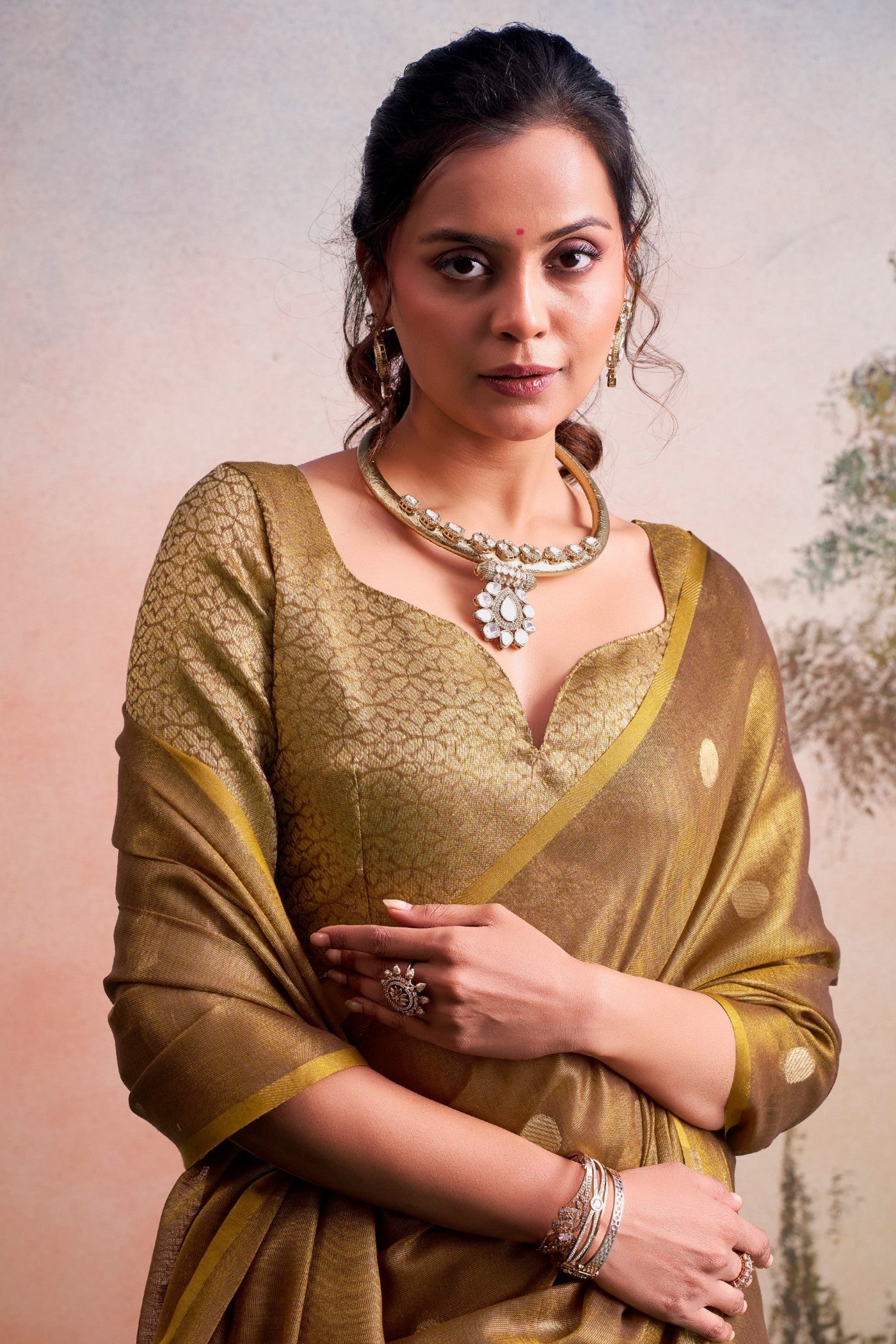 MySilkLove Khaki Brown Handloom Tissue Saree