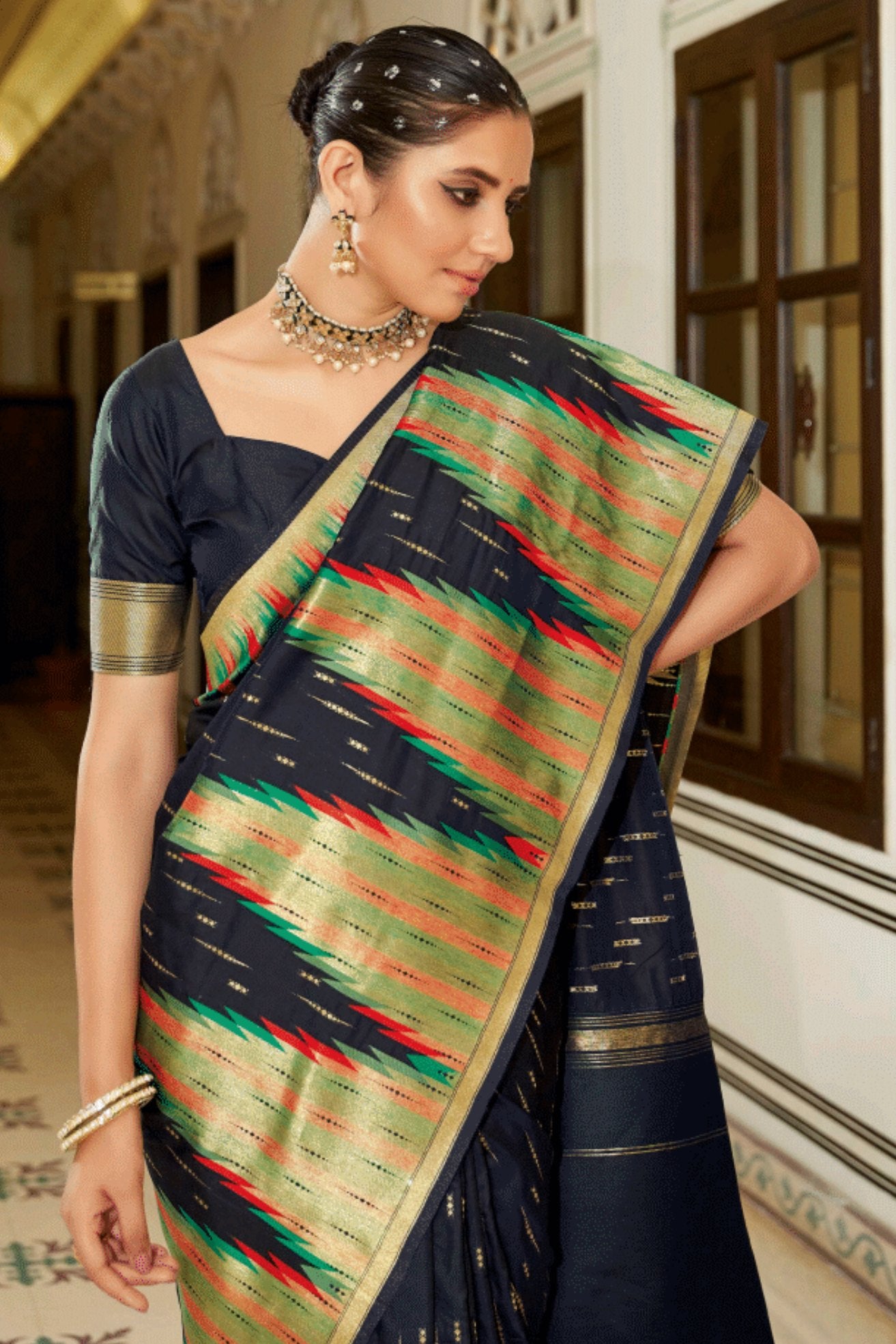 Buy MySilkLove Ink Black Woven Tussar Silk Saree Online