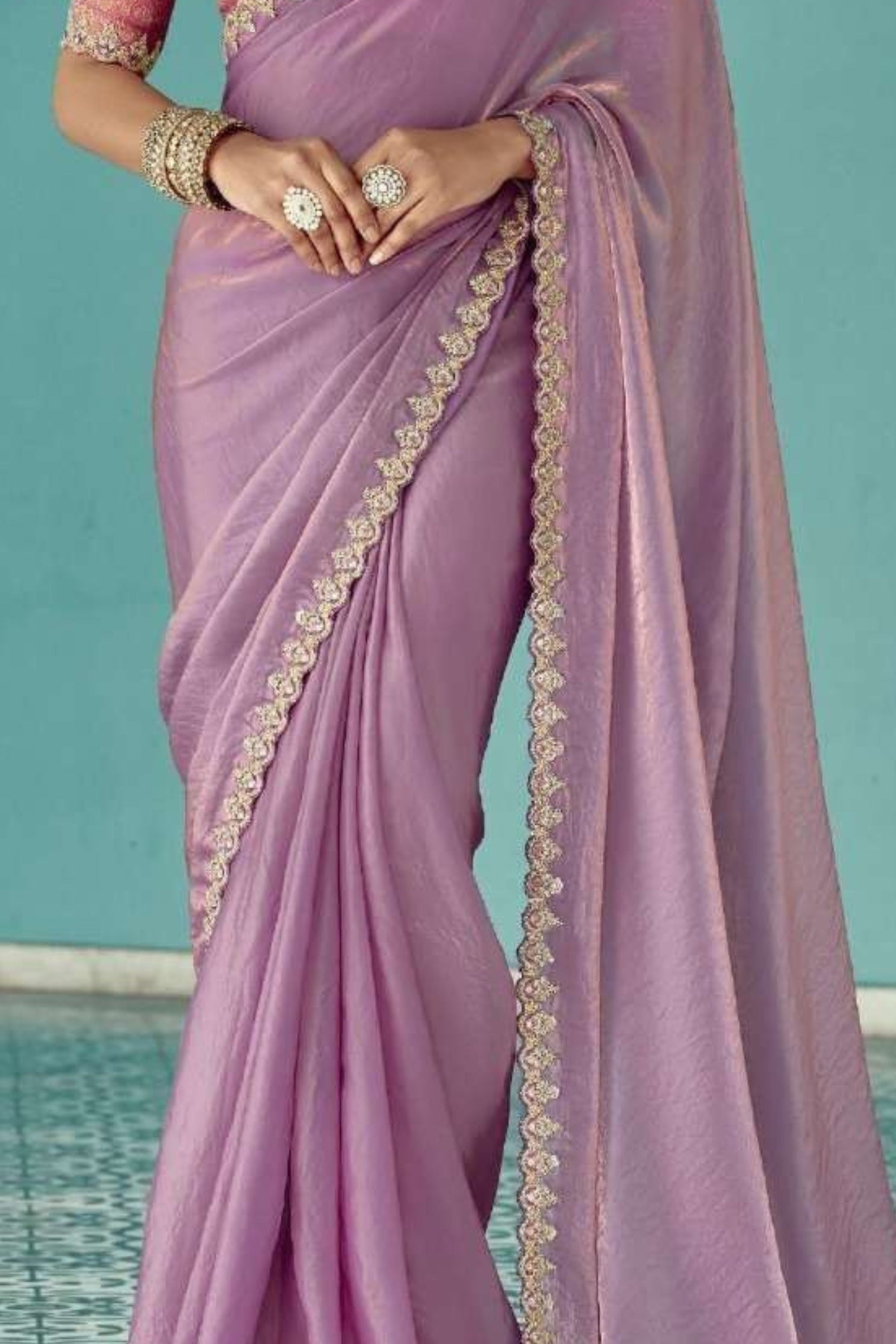 Buy MySilkLove Light Mauve Purple Embroidered Tissue Designer Saree Online