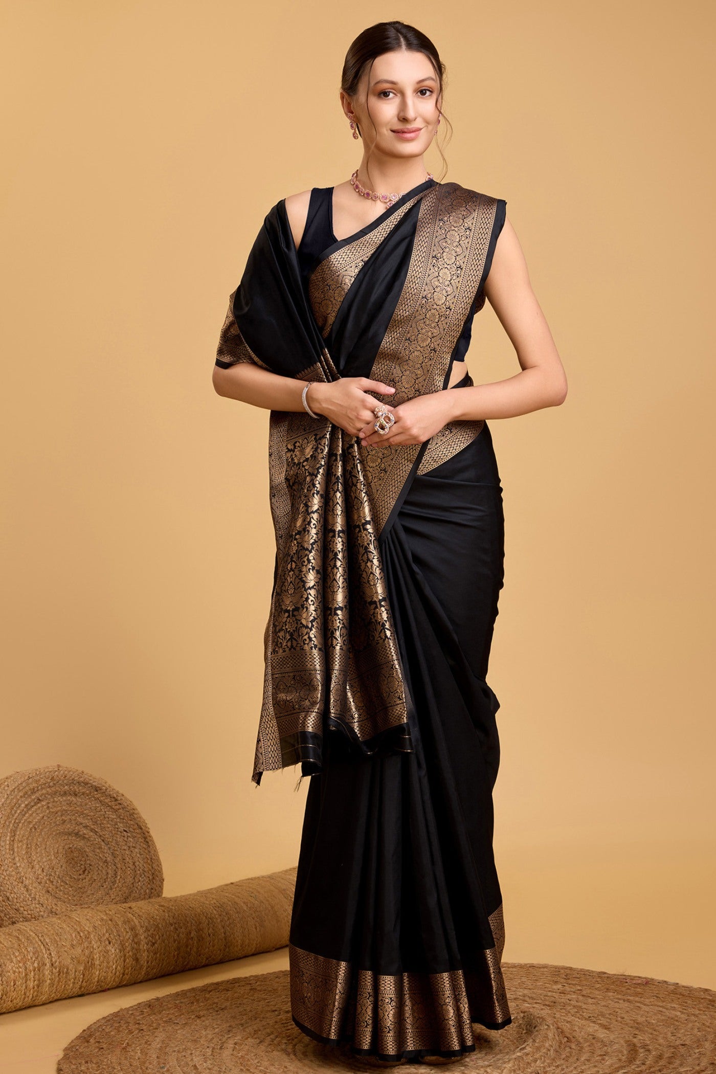 Buy MySilkLove Bistre Black Woven Banarasi Saree Online