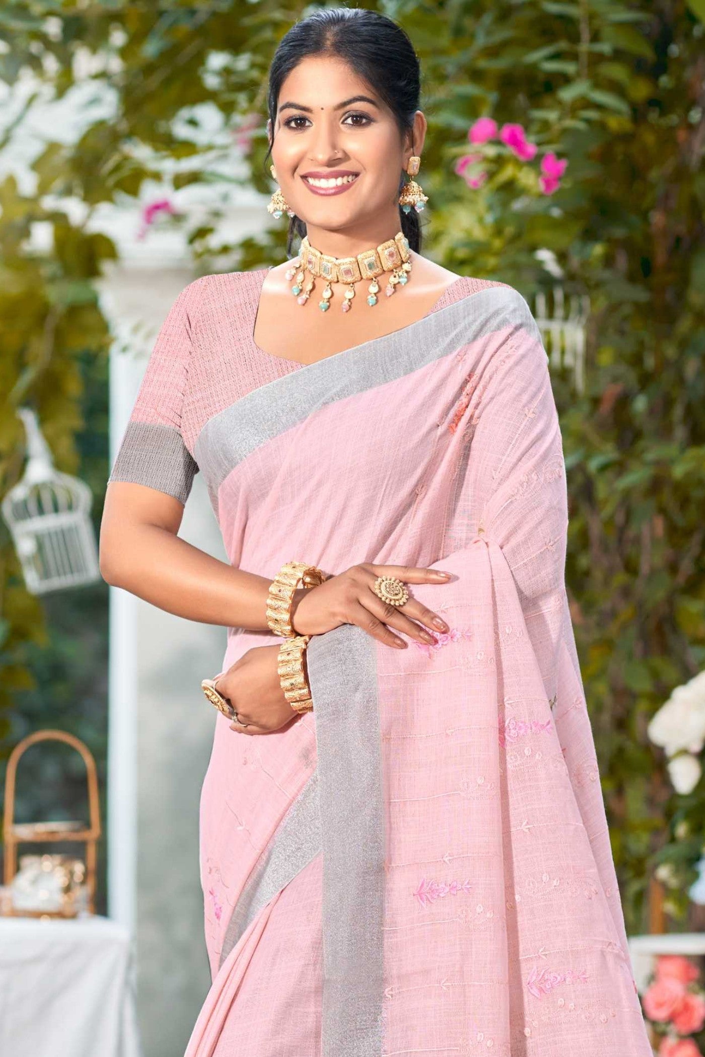 Buy MySilkLove Dusty Pink Woven Cotton Linen Saree Online
