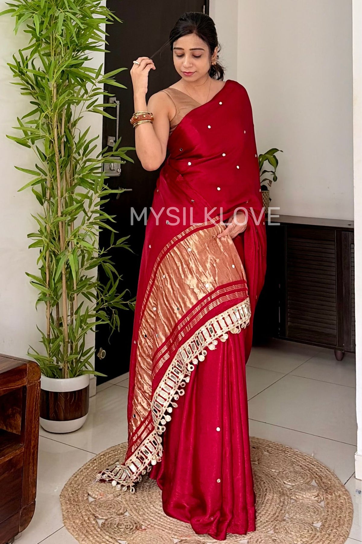 Buy MySilkLove Carmine Red Pure Gajji Modal Silk Mirror Work Saree with Lagdi Zari Pallu Online