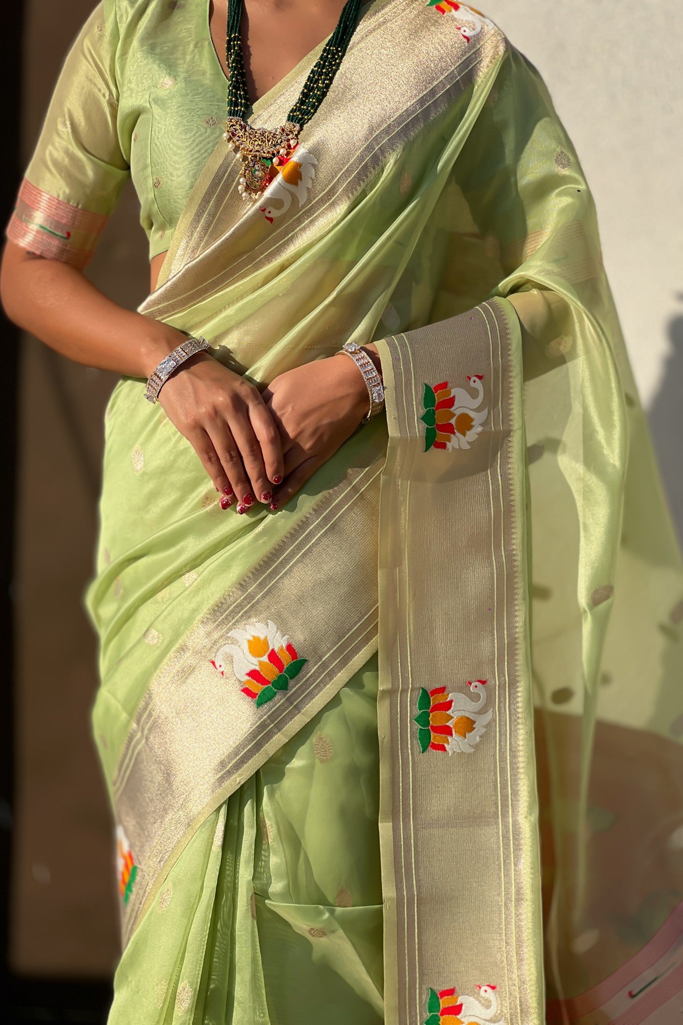 Buy MySilkLove Parrot Green Organza Woven Paithani Saree Online