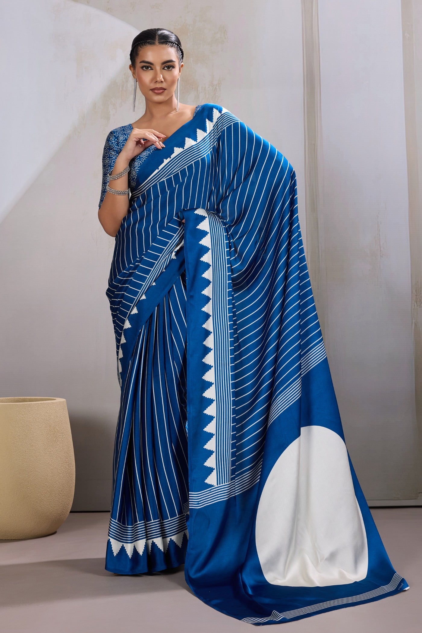 Buy MySilkLove Carolina Blue Ajrakh Printed Satin Crepe Silk Saree Online