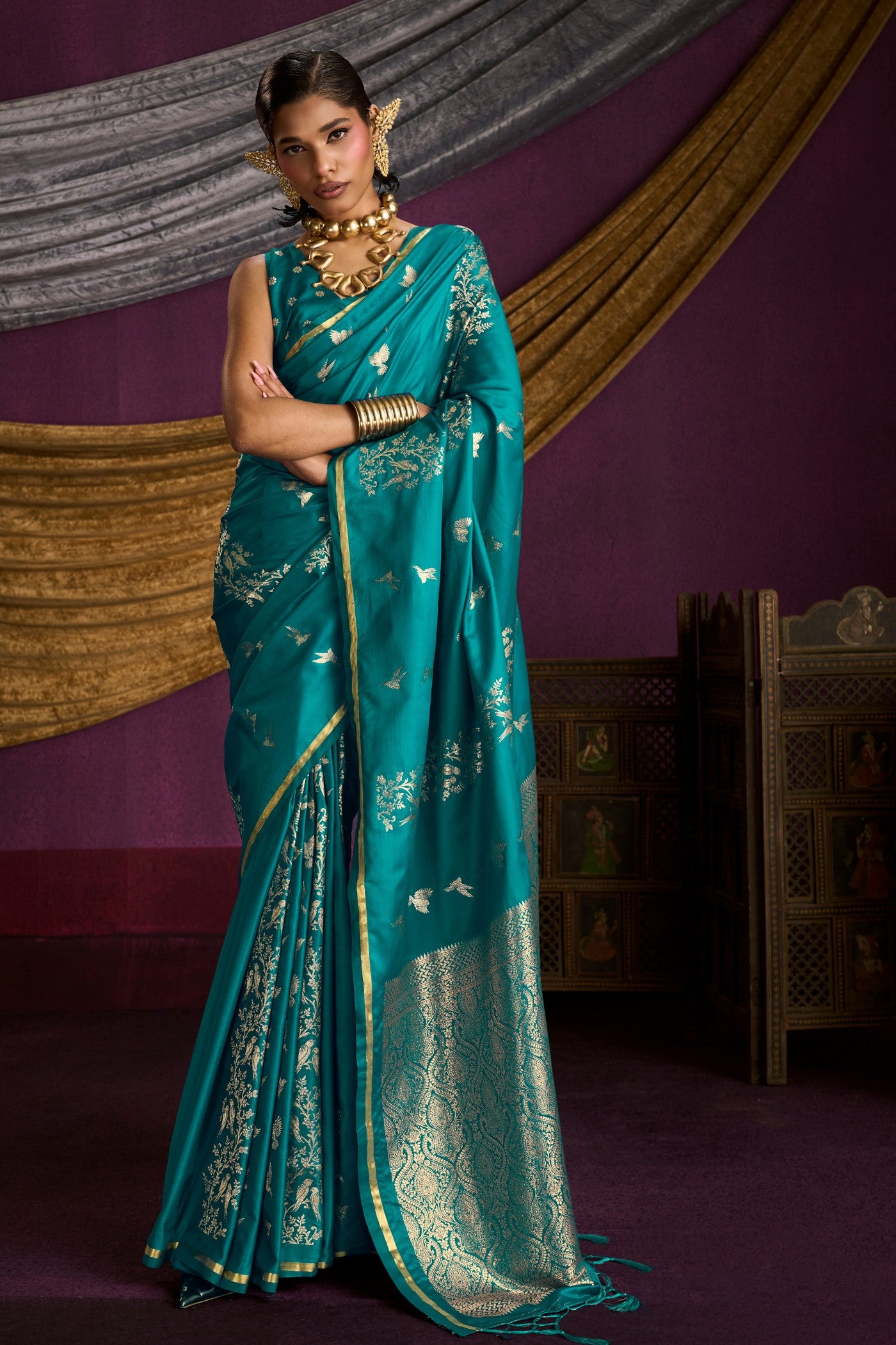 Buy MySilkLove Spring Green Handloom Satin Silk Saree Online