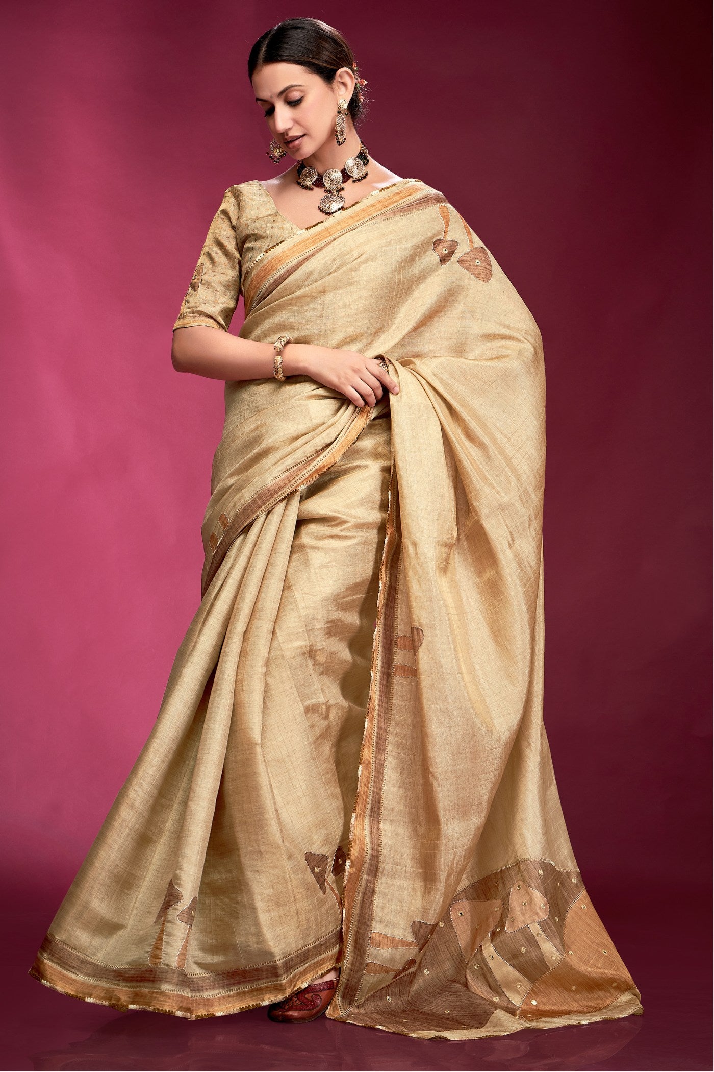 Buy MySilkLove Bright Cream Woven Tussar Silk Saree Online