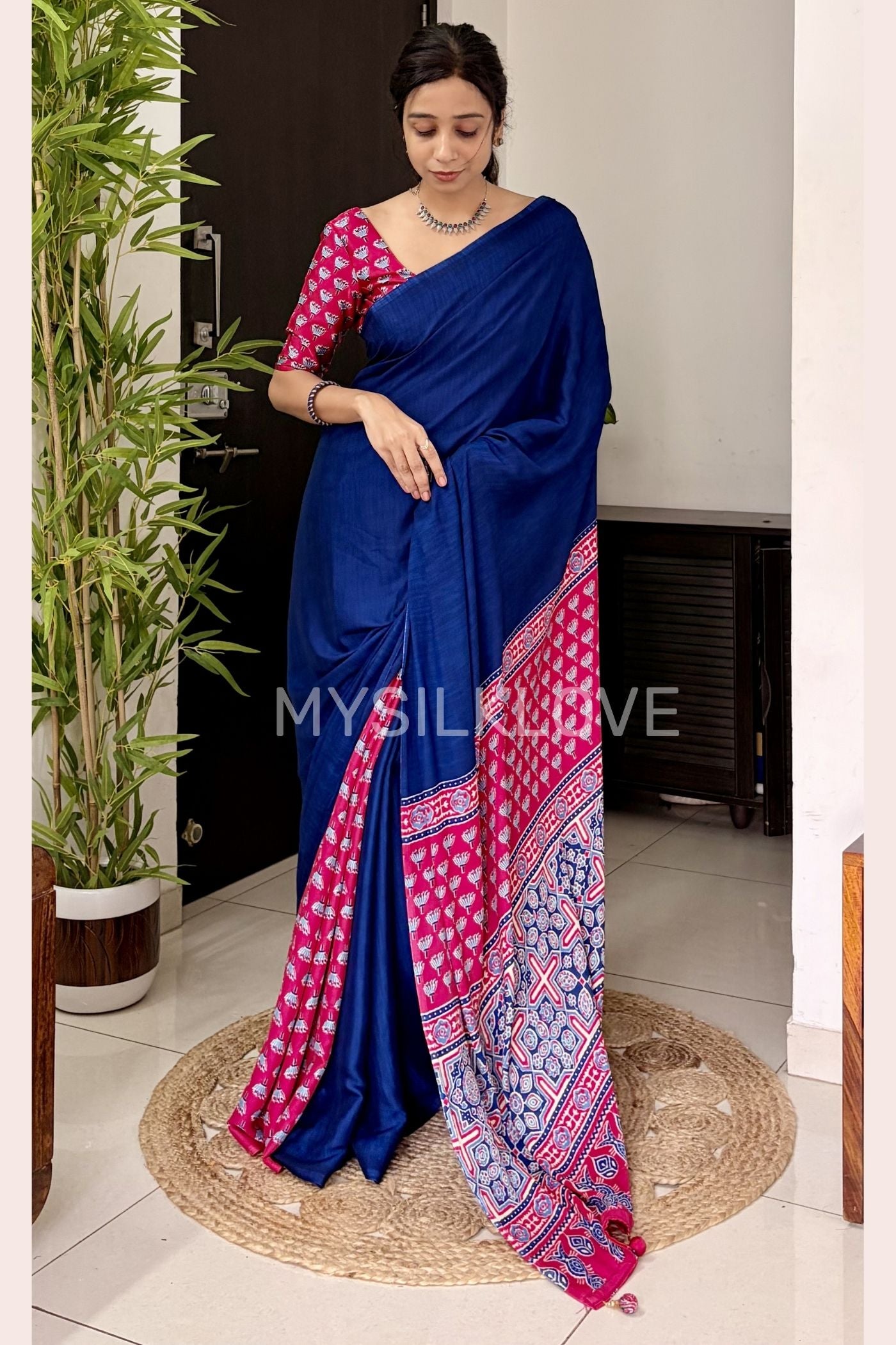 MySilkLove Navy Blue and Pink Ajrakh Printed Satin Crepe Silk Saree Without Blouse