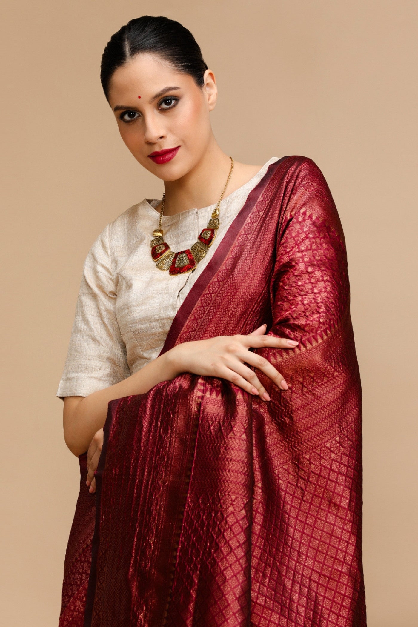 Buy MySilkLove Synonyms Maroon Woven Jacquard Lichi Silk Saree Online