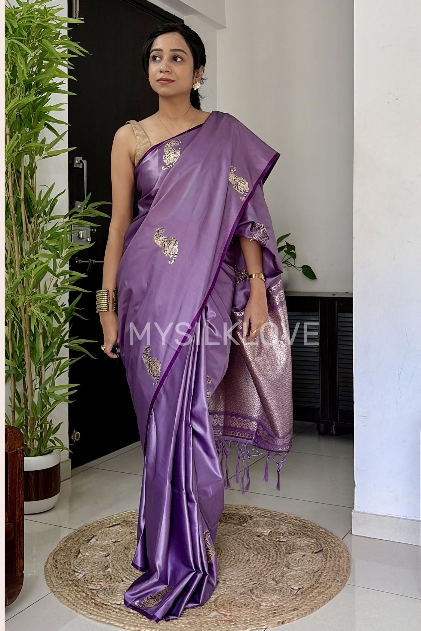 Buy MySilkLove Wisteria Purple Tiger Print Satin Woven Saree Online
