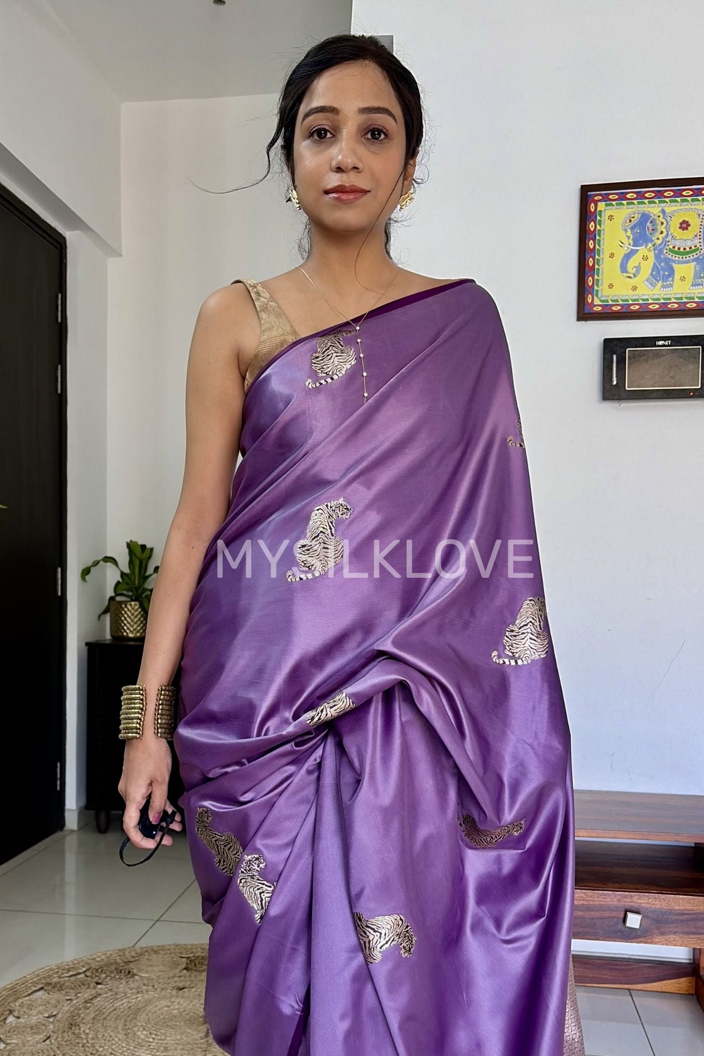 Buy MySilkLove Wisteria Purple Tiger Print Satin Woven Saree Online