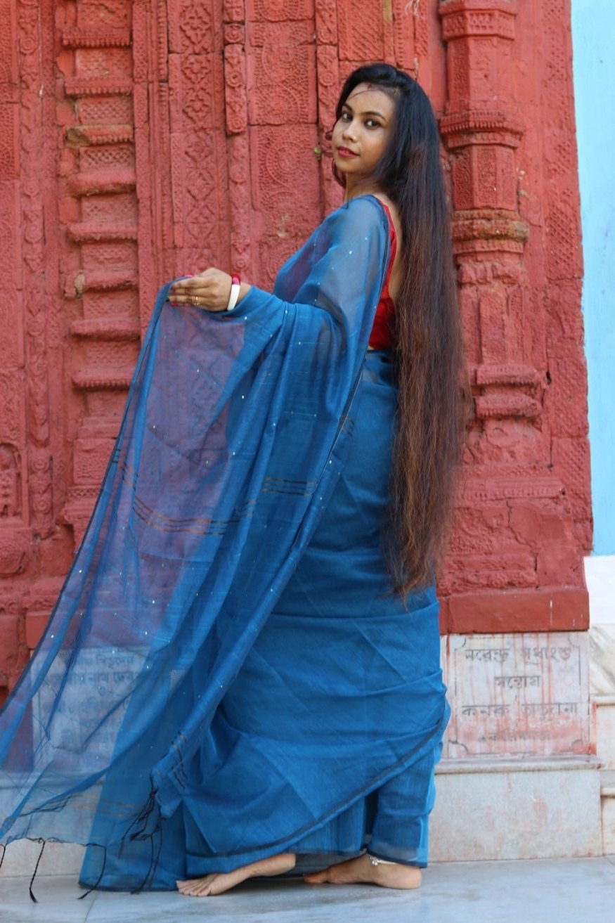 Buy MySilkLove Bondi Blue Cotton Sequence Chumki Saree Online