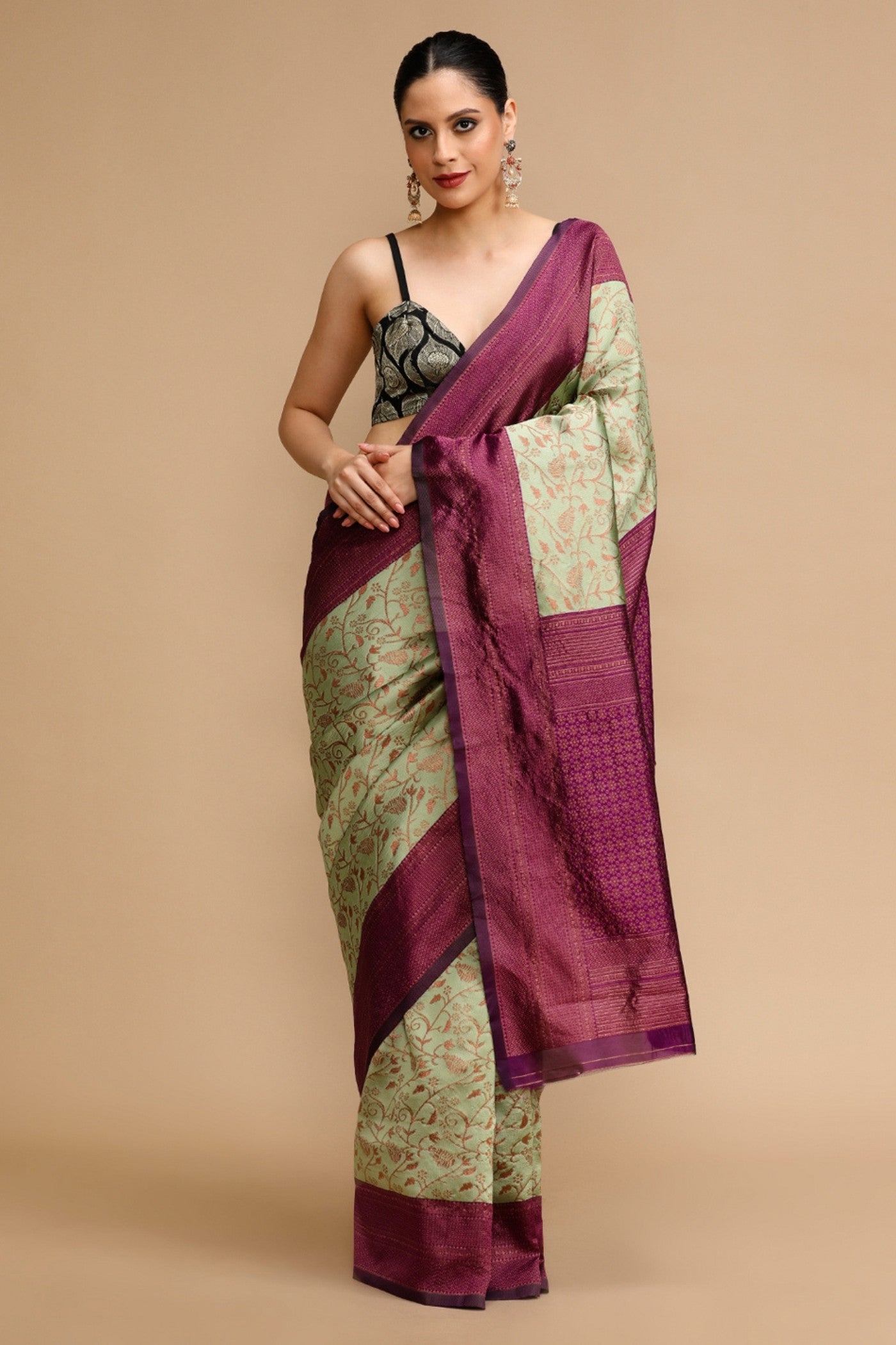 Buy MySilkLove Frosted Cream Woven Jacquard Lichi Silk Saree Online