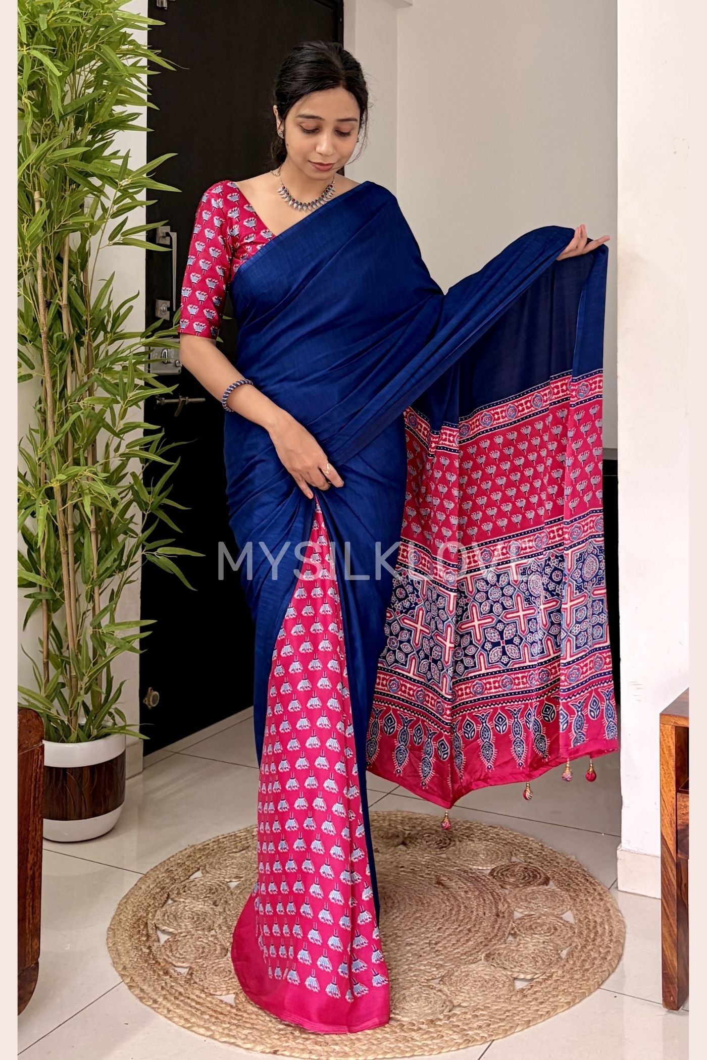 Buy MySilkLove Navy Blue and Pink Ajrakh Printed Satin Crepe Silk Saree Without Blouse Online