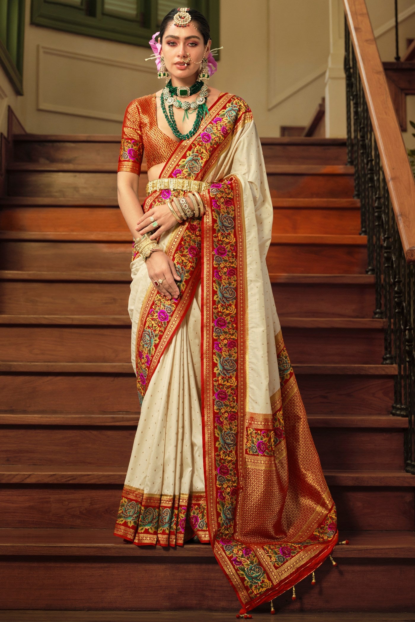 Buy MySilkLove Chamois Cream Printed Banarasi Saree Online