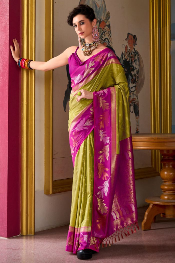 Buy MySilkLove Pesto Green and Pink Banarasi Soft Silk Saree Online