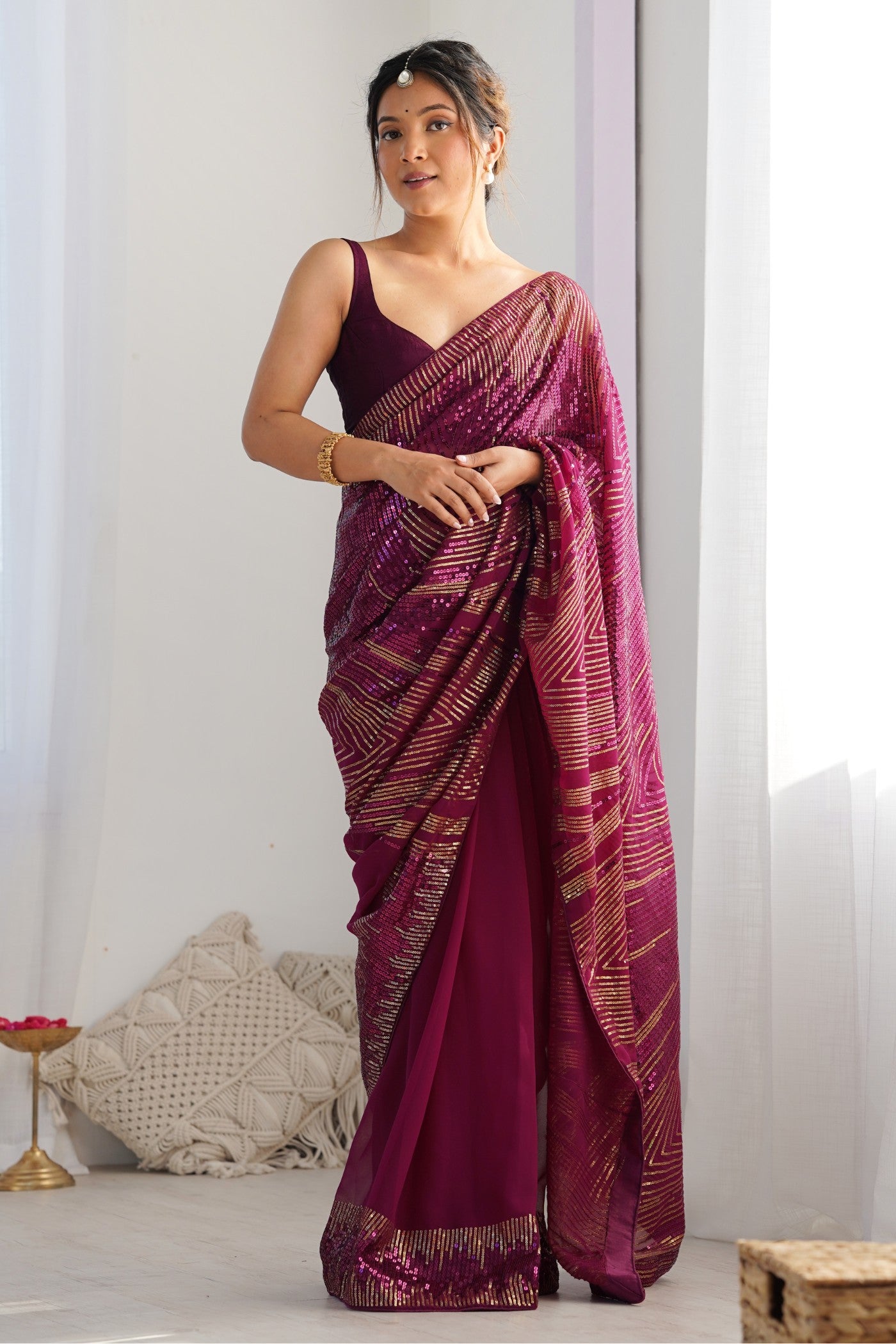 Buy MySilkLove Wine Purple Georgette Partywear Saree Online