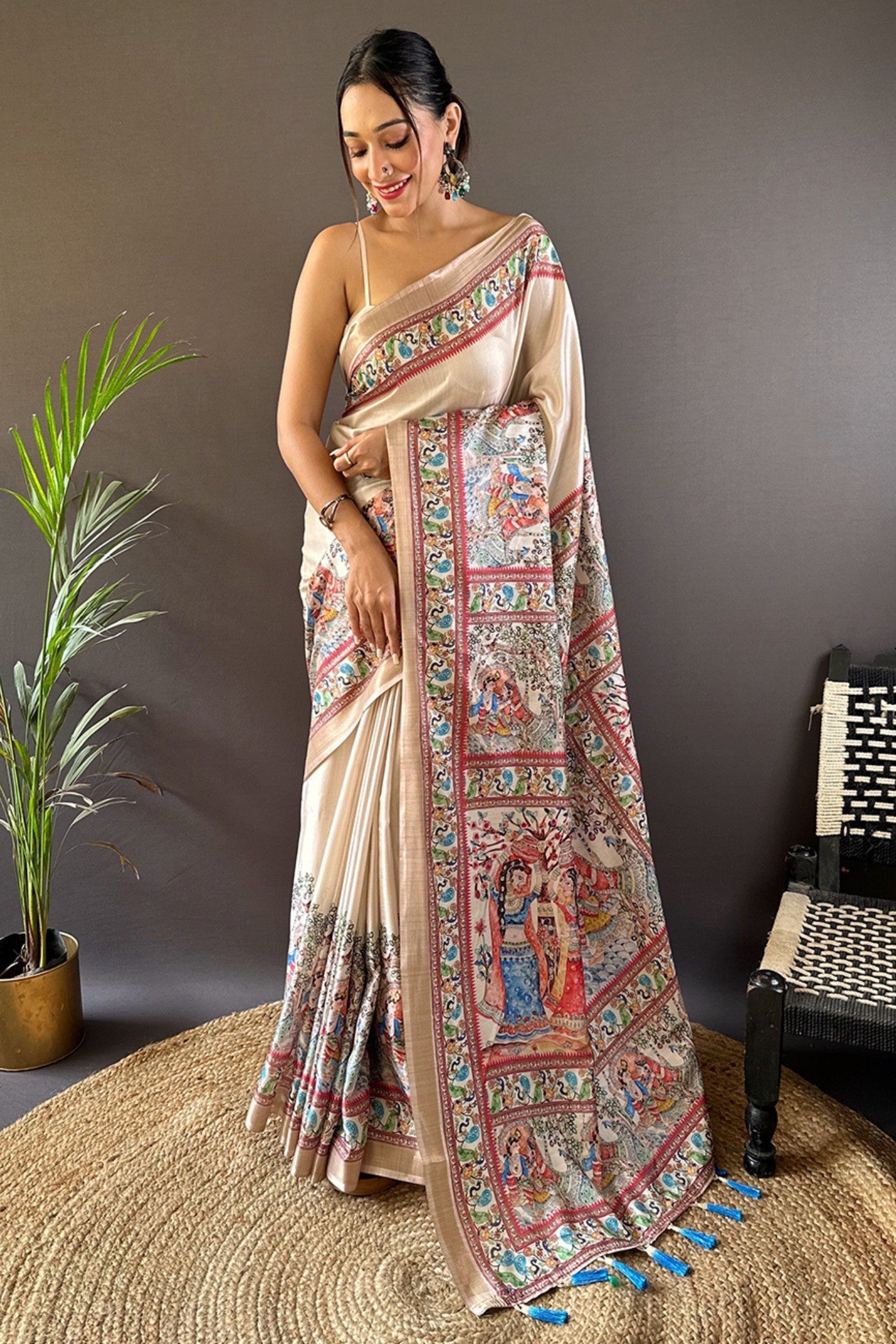 Buy MySilkLove Spanish Cream Madhubani Printed Tussar Silk Saree Online