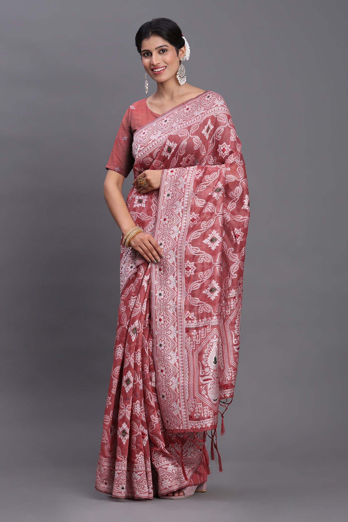 Buy MySilkLove Matte Maroon Linen Cotton Saree Online