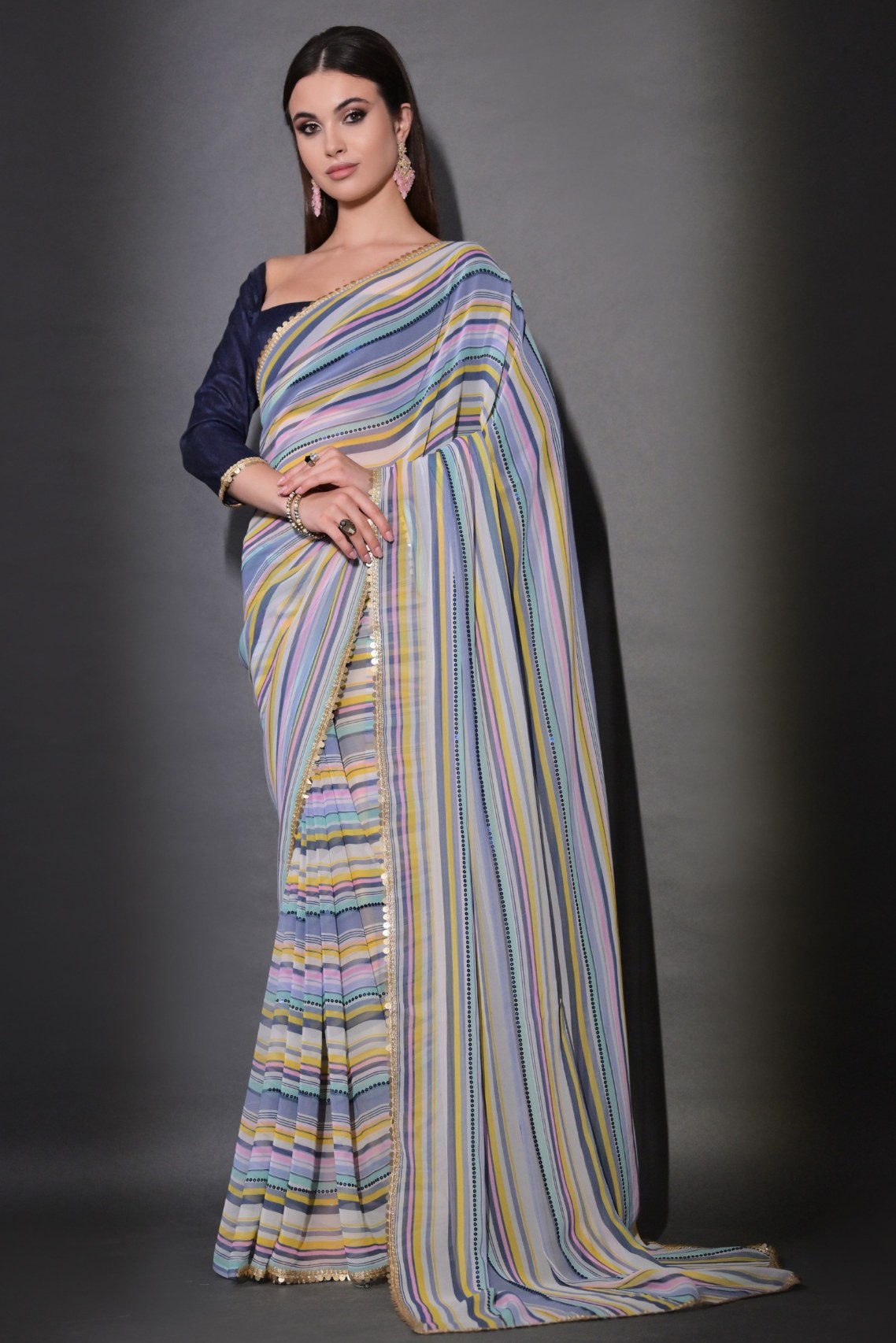 Buy MySilkLove Boston Blue Georgette Lehriya Silk Saree Online