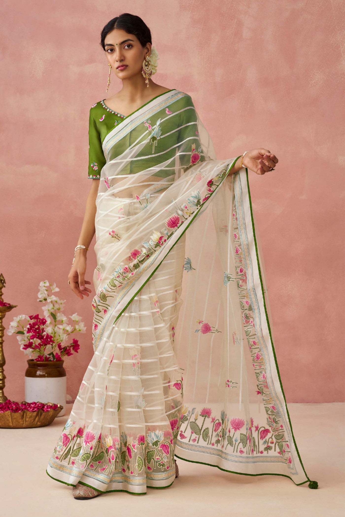 Buy MySilkLove Pearl White and Green Brasso Organza Printed Saree Online