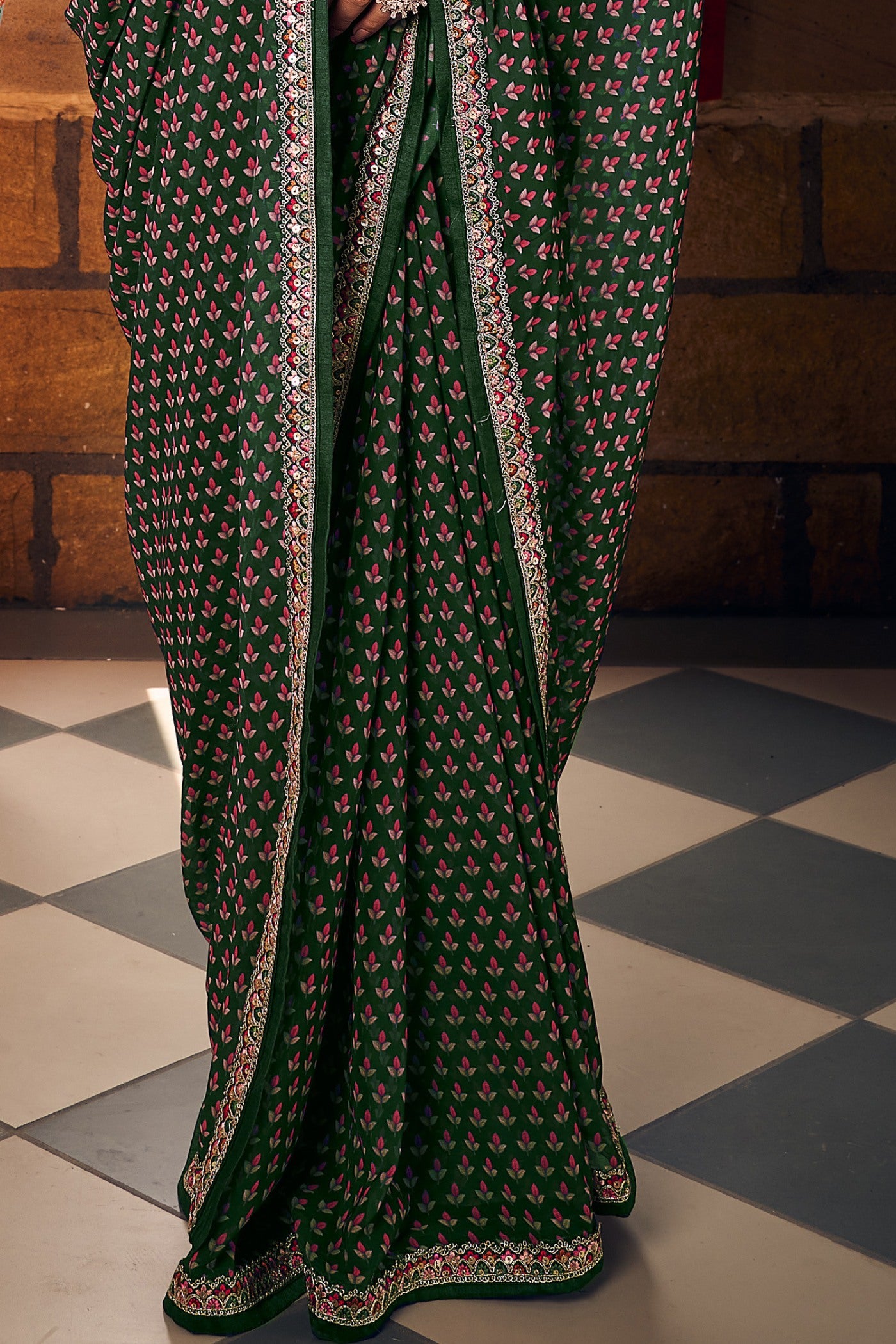 Buy MySilkLove Dark Leaf Green Georgette Digital Printed Saree Online