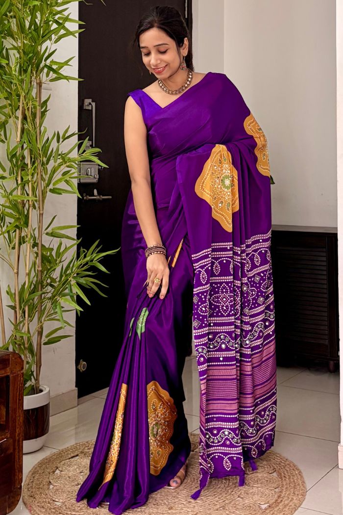 Buy MySilkLove Amethyst Purple Ajrakh Satin Printed Mirror Work Saree Online