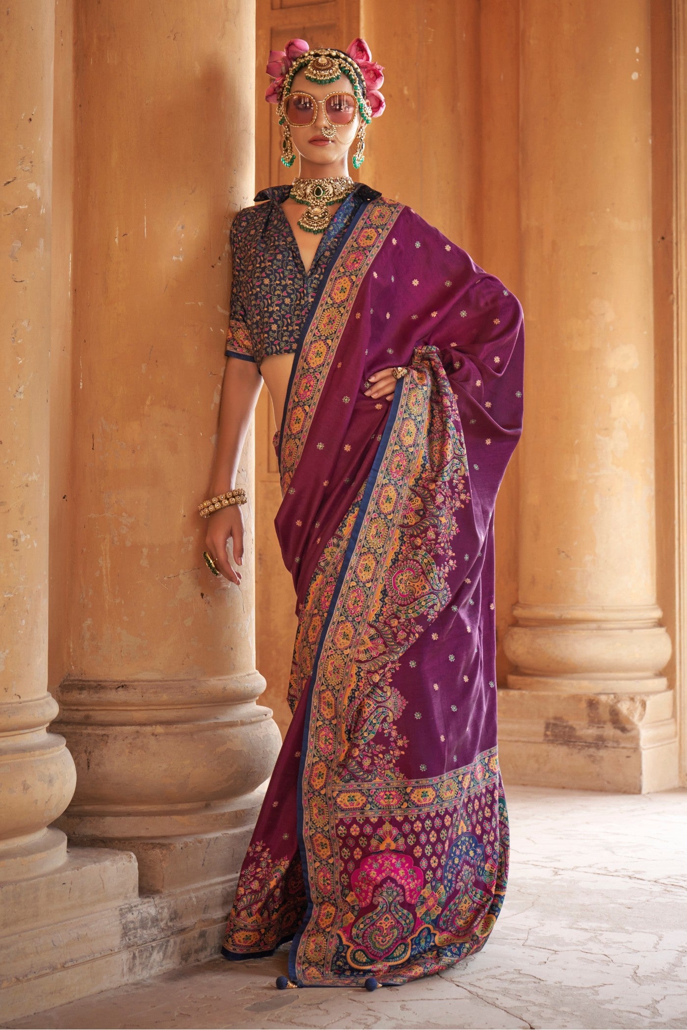 Buy MySilkLove Grape Purple Printed Banarasi Saree Online