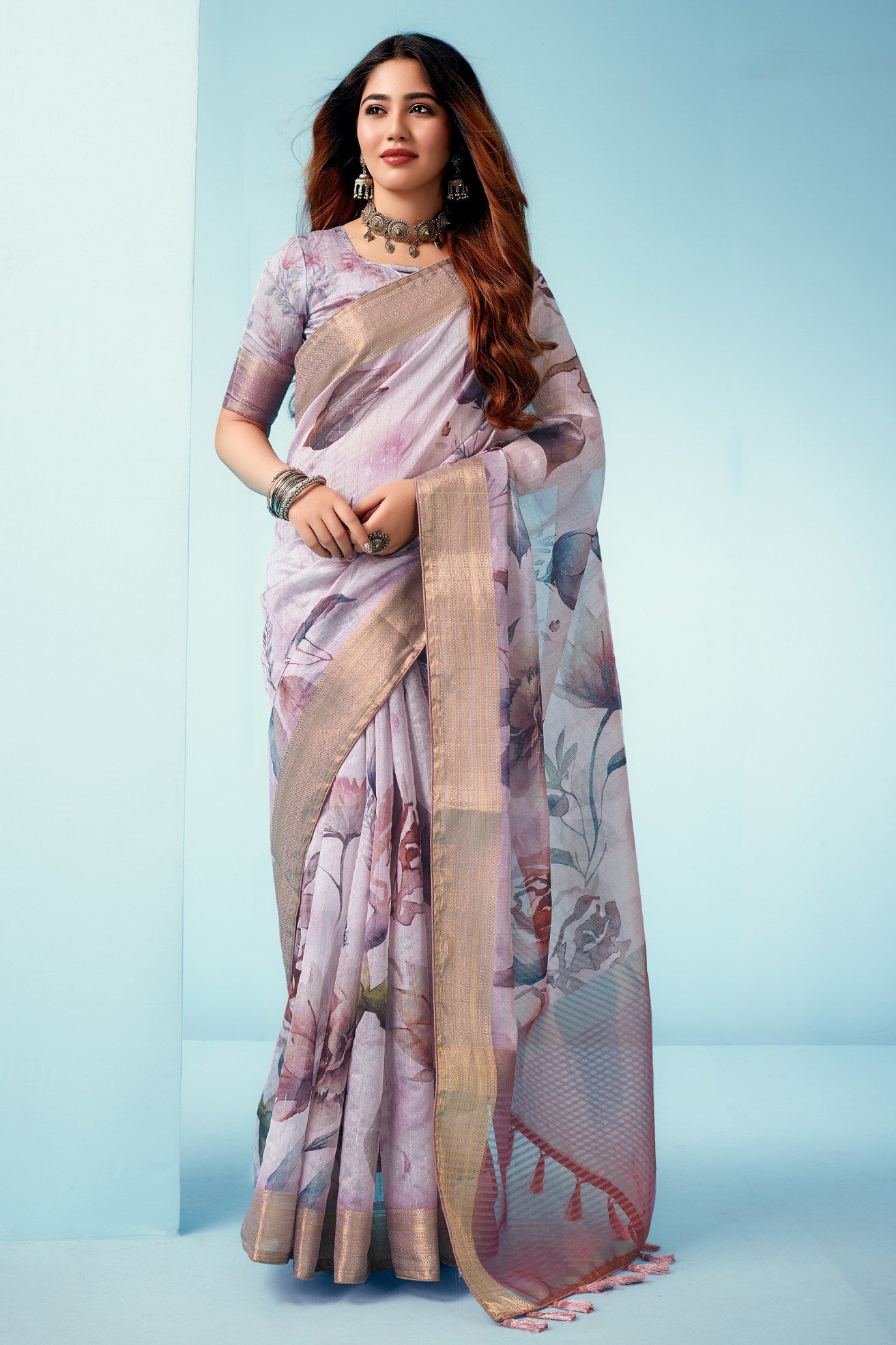 Buy MySilkLove Eggplant Purple Floral Linen Saree Online