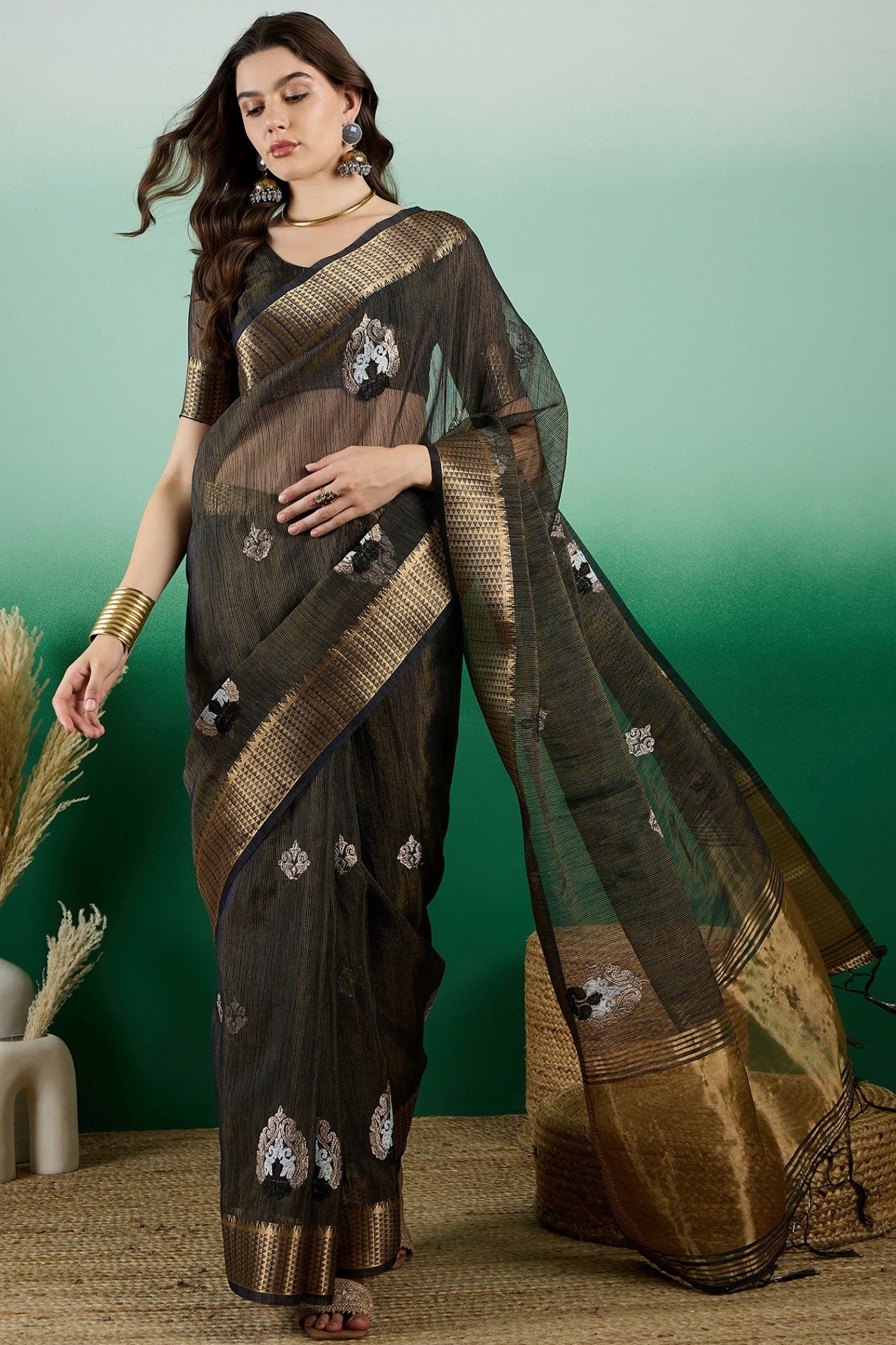 Buy MySilkLove Coral Black  Organza Saree Online