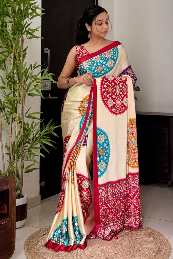 Buy MySilkLove Biscuit Cream and Red Modal Ajrakh Satin Printed Mirror Work Saree Online