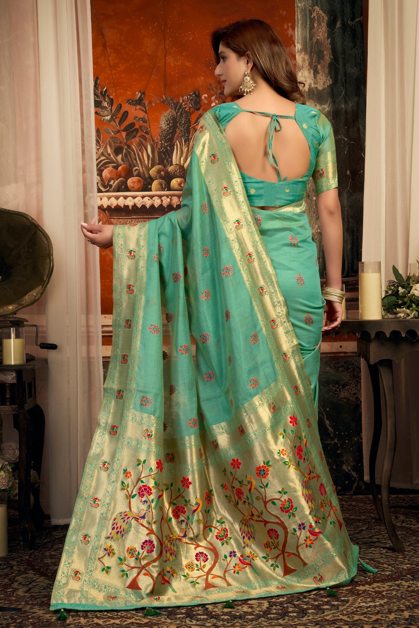 Buy MySilkLove Teal Green Zari Woven Paithani Saree Online