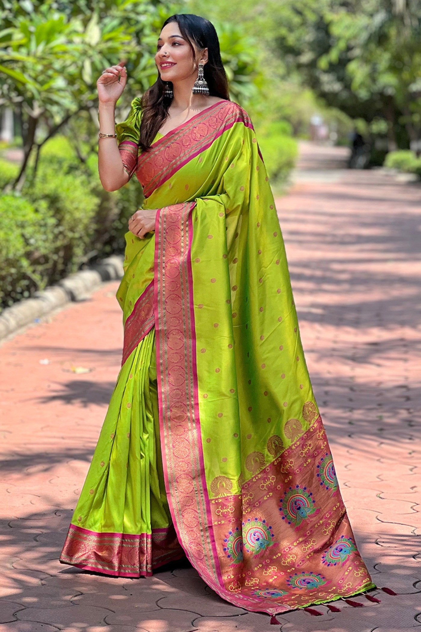 Buy MySilkLove Parrot Green Zari Woven Paithani Saree Online