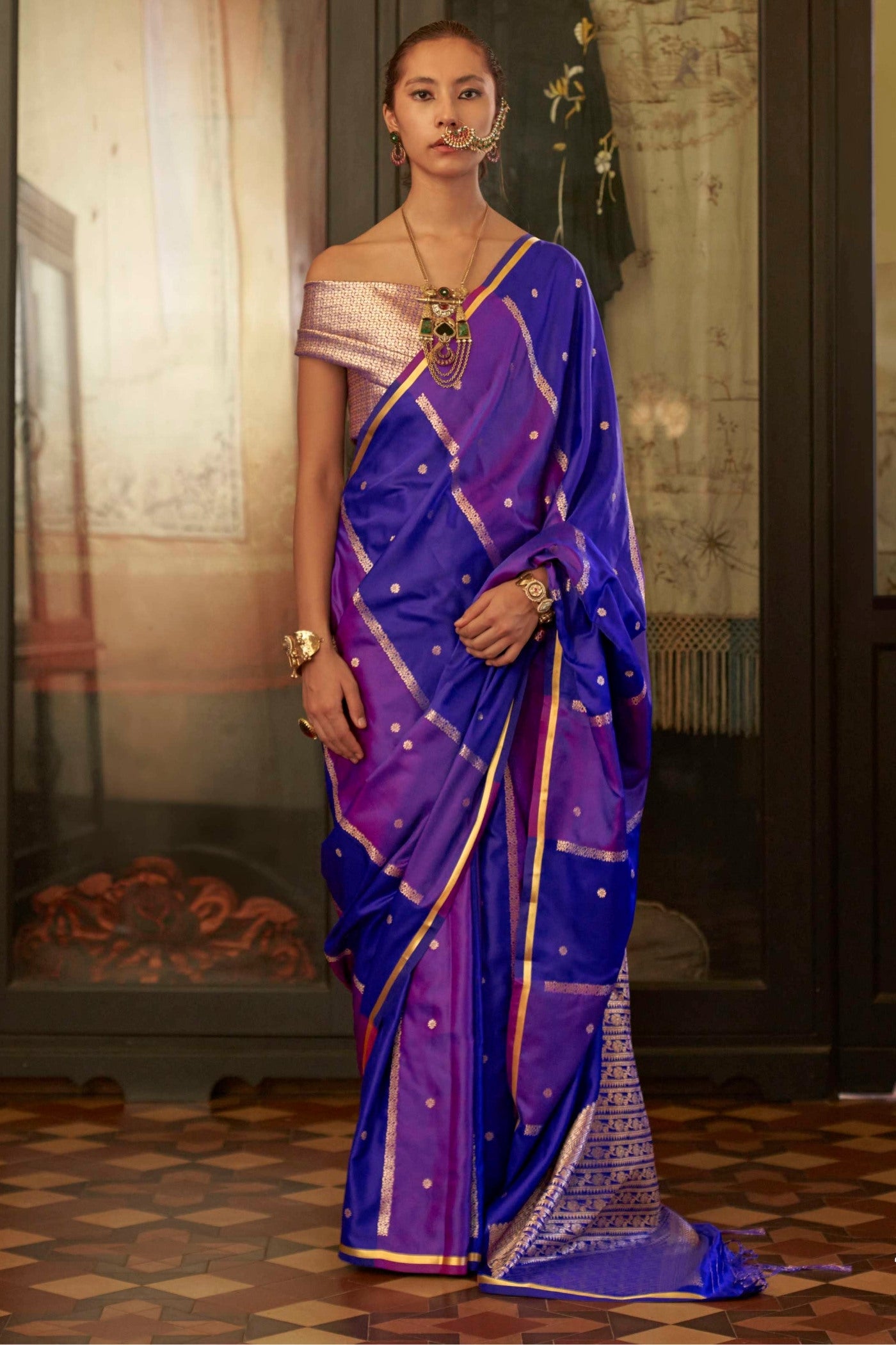 Buy MySilkLove Stratos Blue Handloom Rangkat Banarasi Satin Silk Saree Online