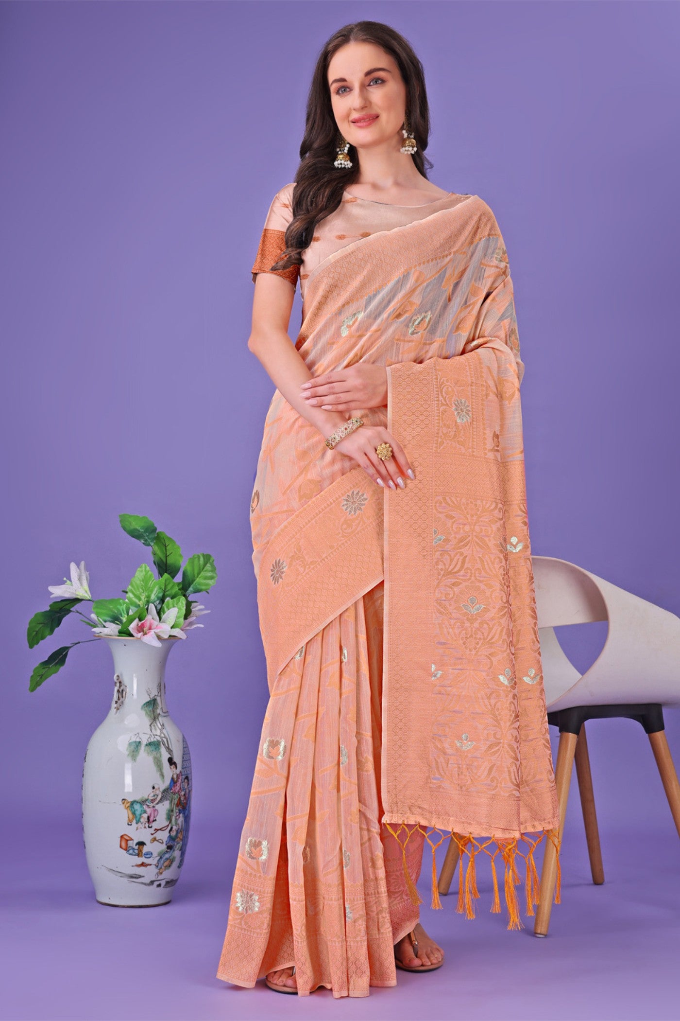 Buy MySilkLove Pum Peach Linen Cotton Saree Online