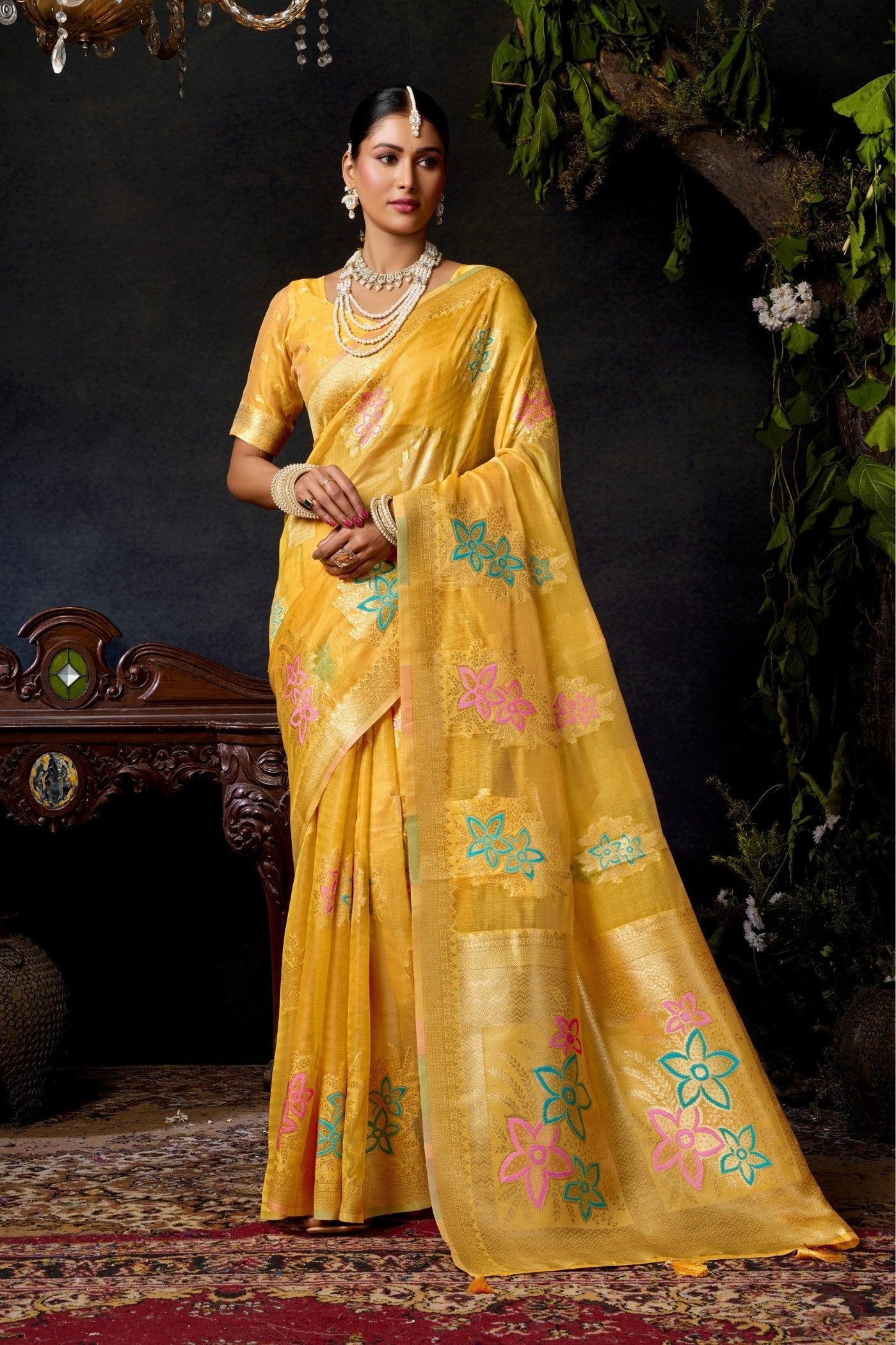 Buy MySilkLove Lemon Yellow Woven Banarasi Organza Saree Online