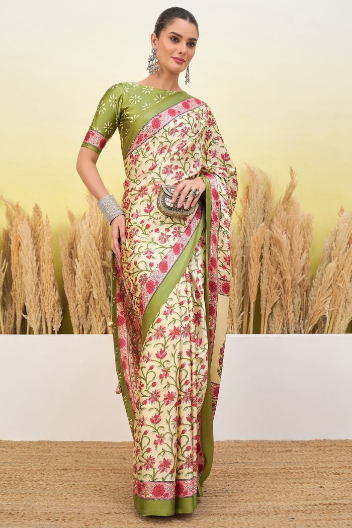 Buy MySilkLove Warm Cream Modal Satin Printed Silk Saree Online