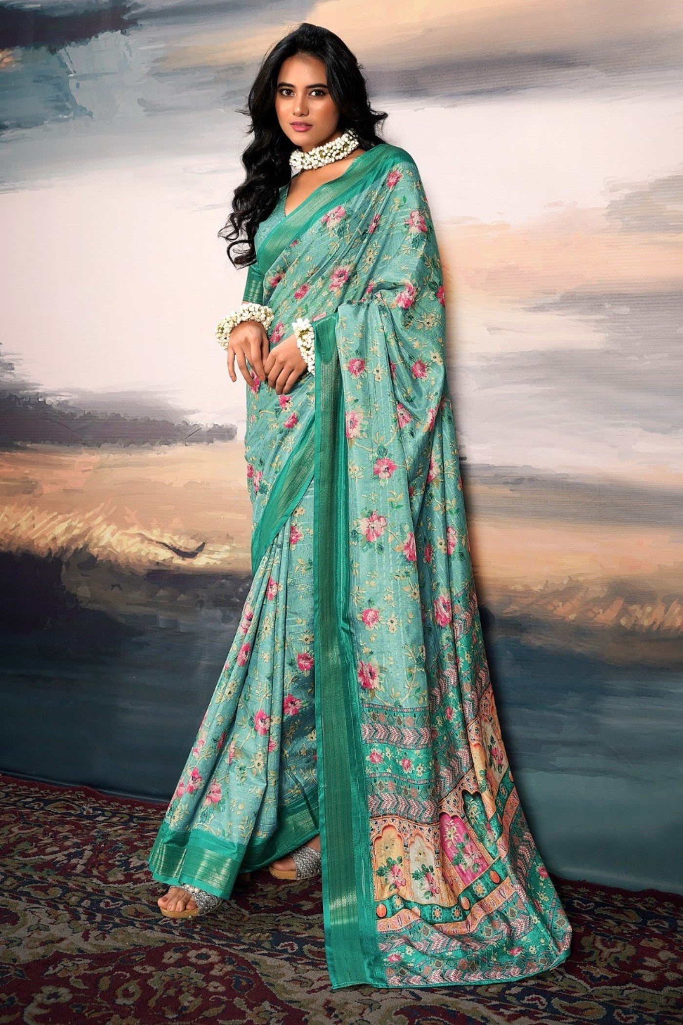 Buy MySilkLove Opal Blue Digital Printed Cotton Saree Online