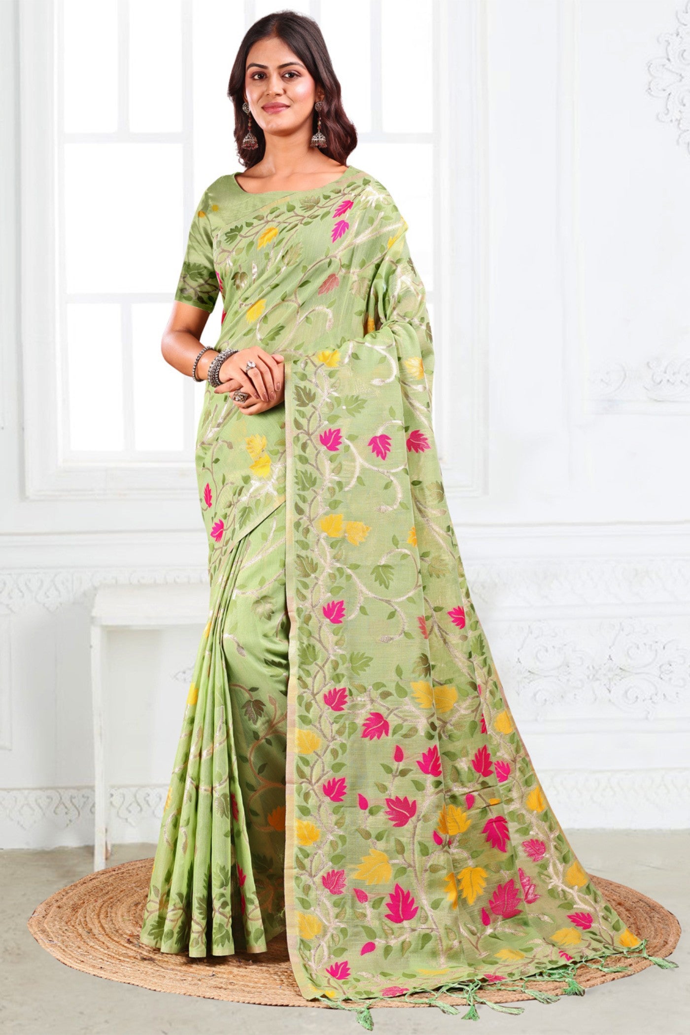 Buy MySilkLove Light Green Woven Linen Cotton Saree Online