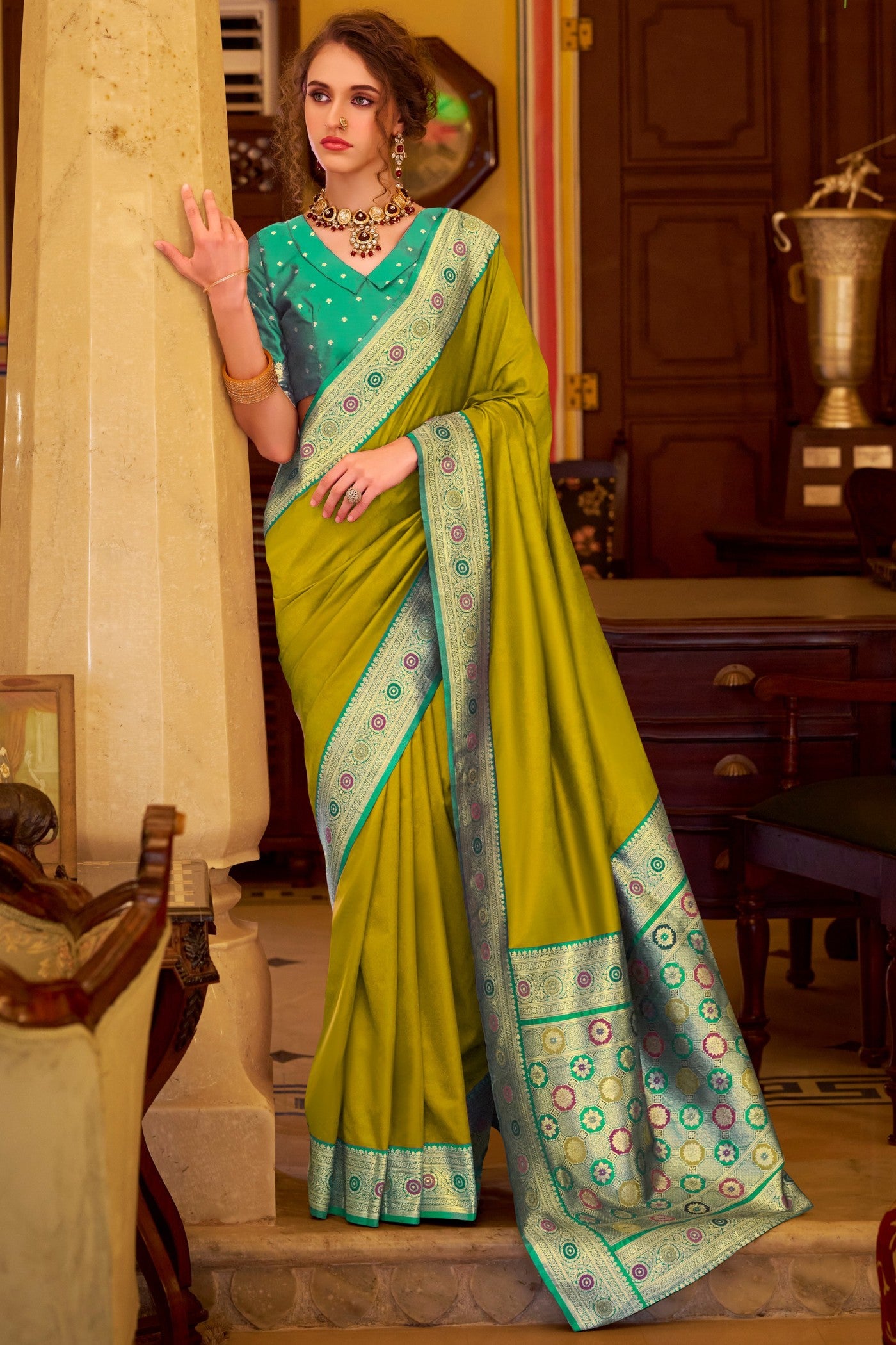 Buy MySilkLove Kelly Green Woven Banarasi Soft Silk Saree Online
