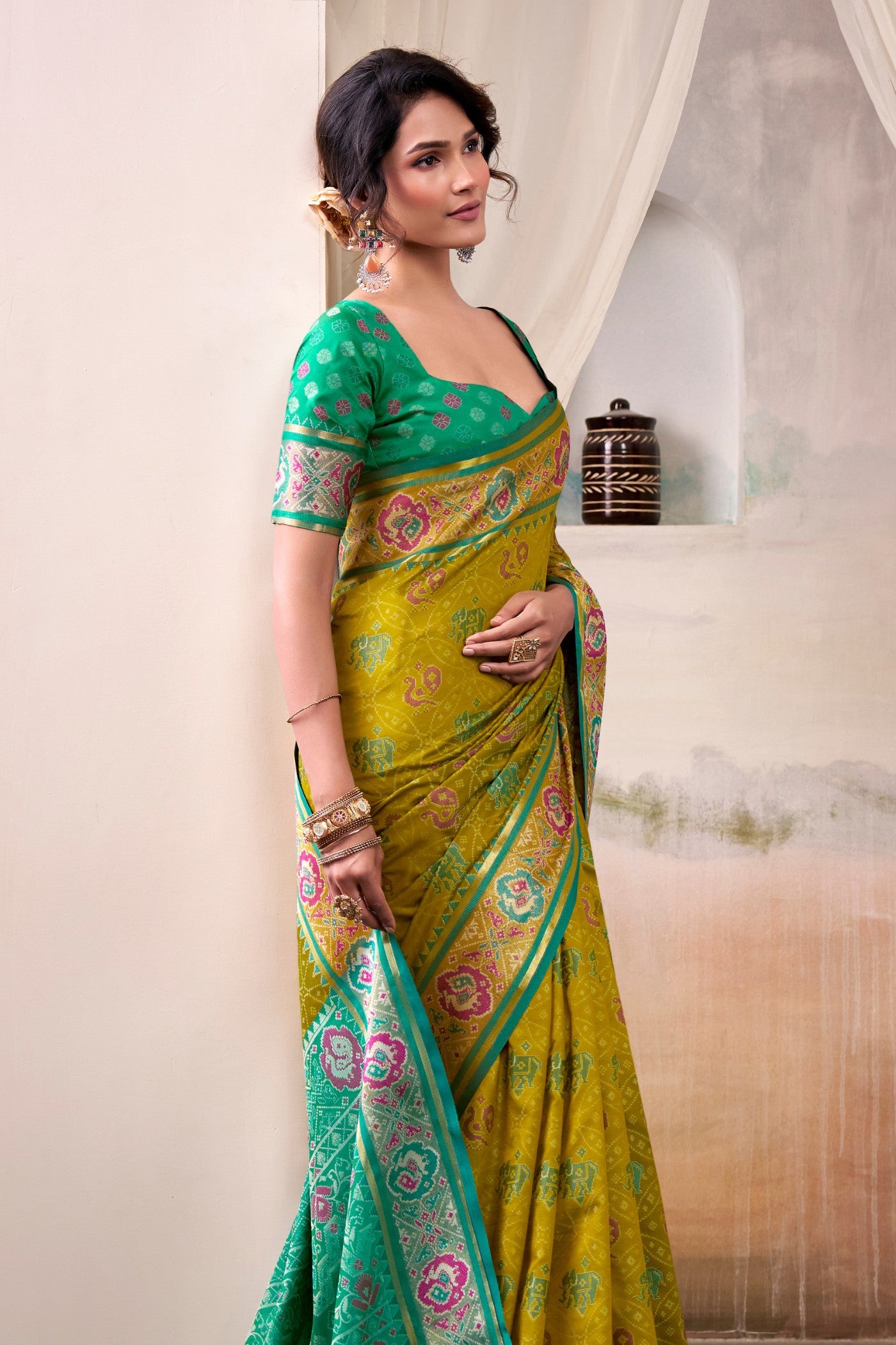 Buy MySilkLove Volt Green Woven Patola Silk Saree Online