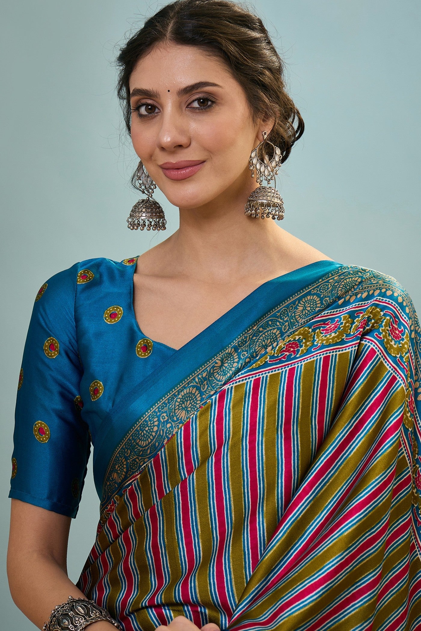 Buy MySilkLove Virella Blue Ajrakh Printed Satin Crepe Silk Saree Online