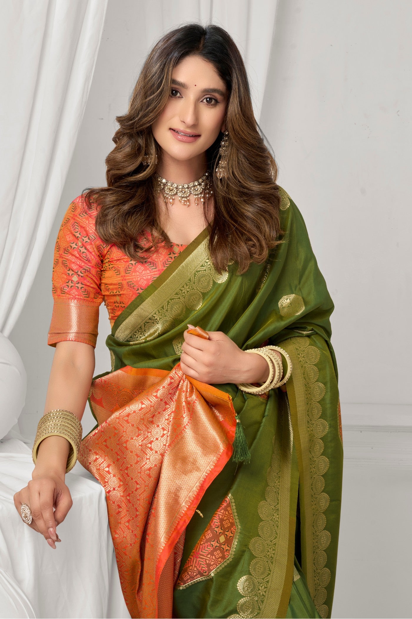 MySilkLove Apple Green Woven Banarasi Soft Silk Saree